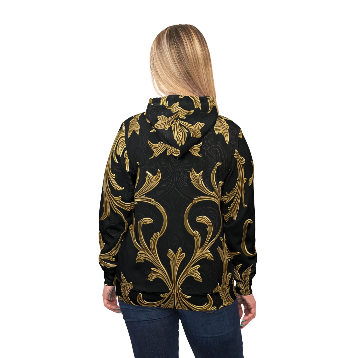 Black and gold patterned Gilded Veil Hoodie with elegant Baroque design from PixiOnyx