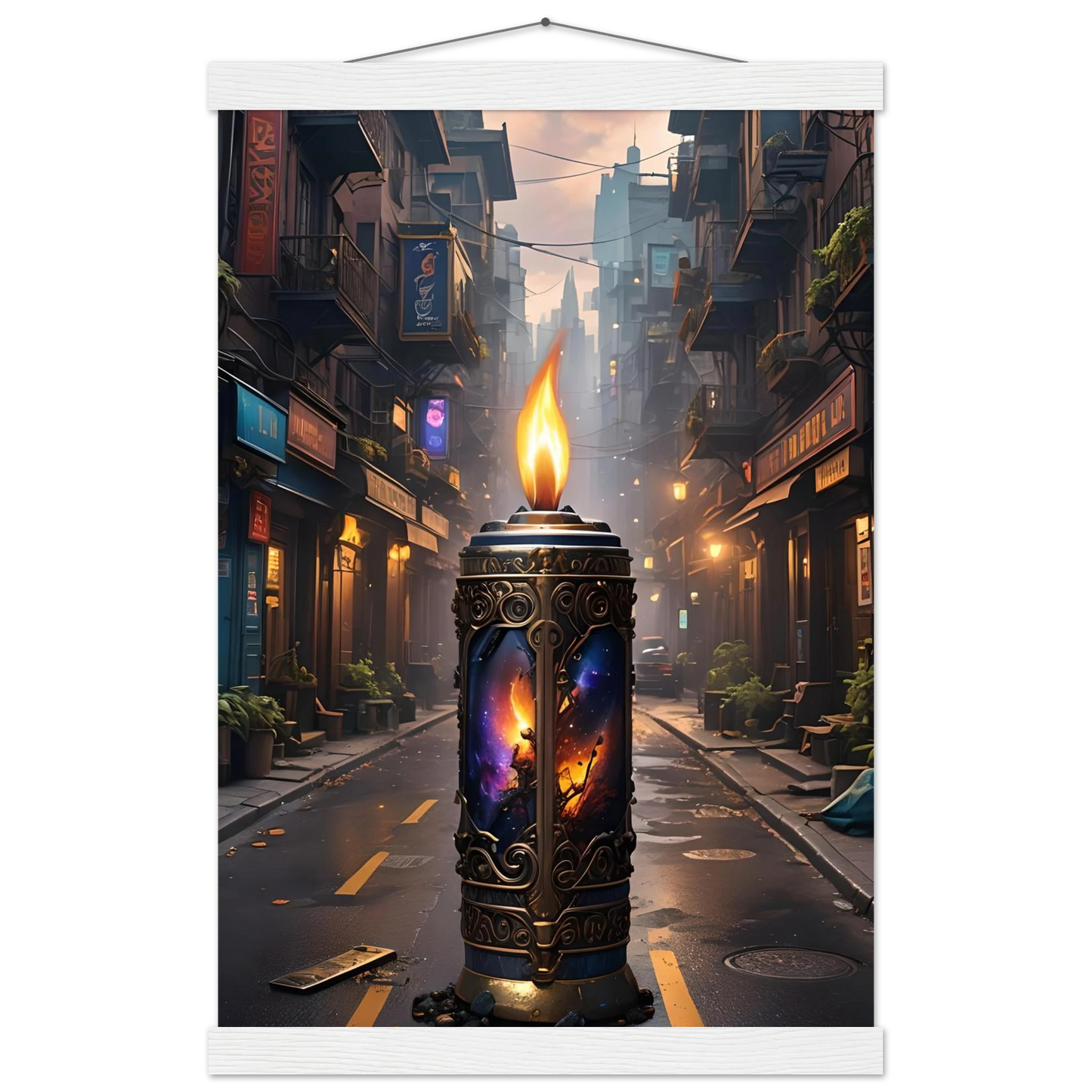 Ornate candle with cosmic imagery from Galactic Flame Hanging Matte Poster by PixiOnyx