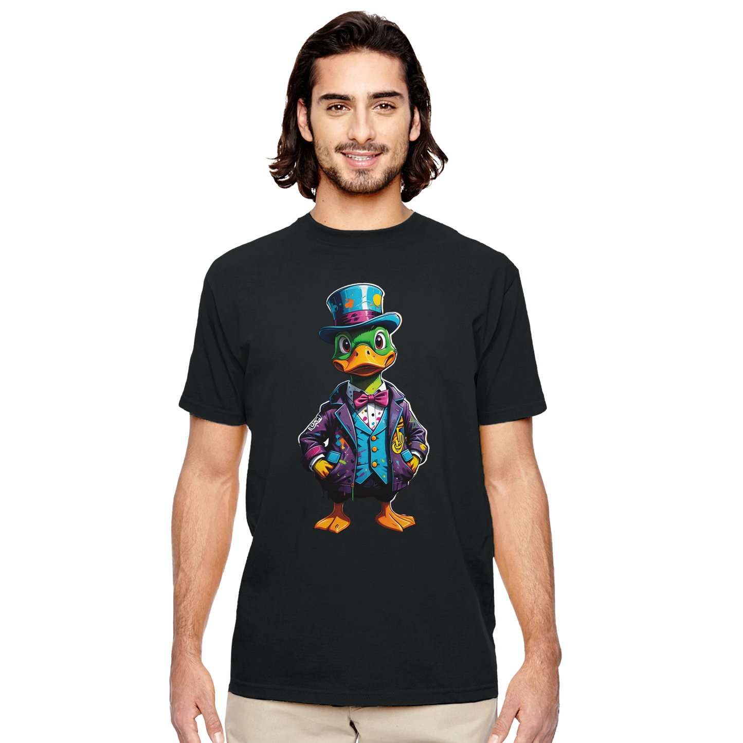 Black unisex T-shirt with cartoon duck design from PixiOnyx Urban Apparel