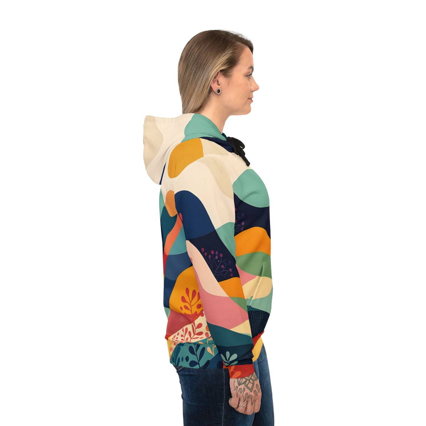 Colorful abstract-patterned Sunset Grove AOP Hoodie displayed in product image