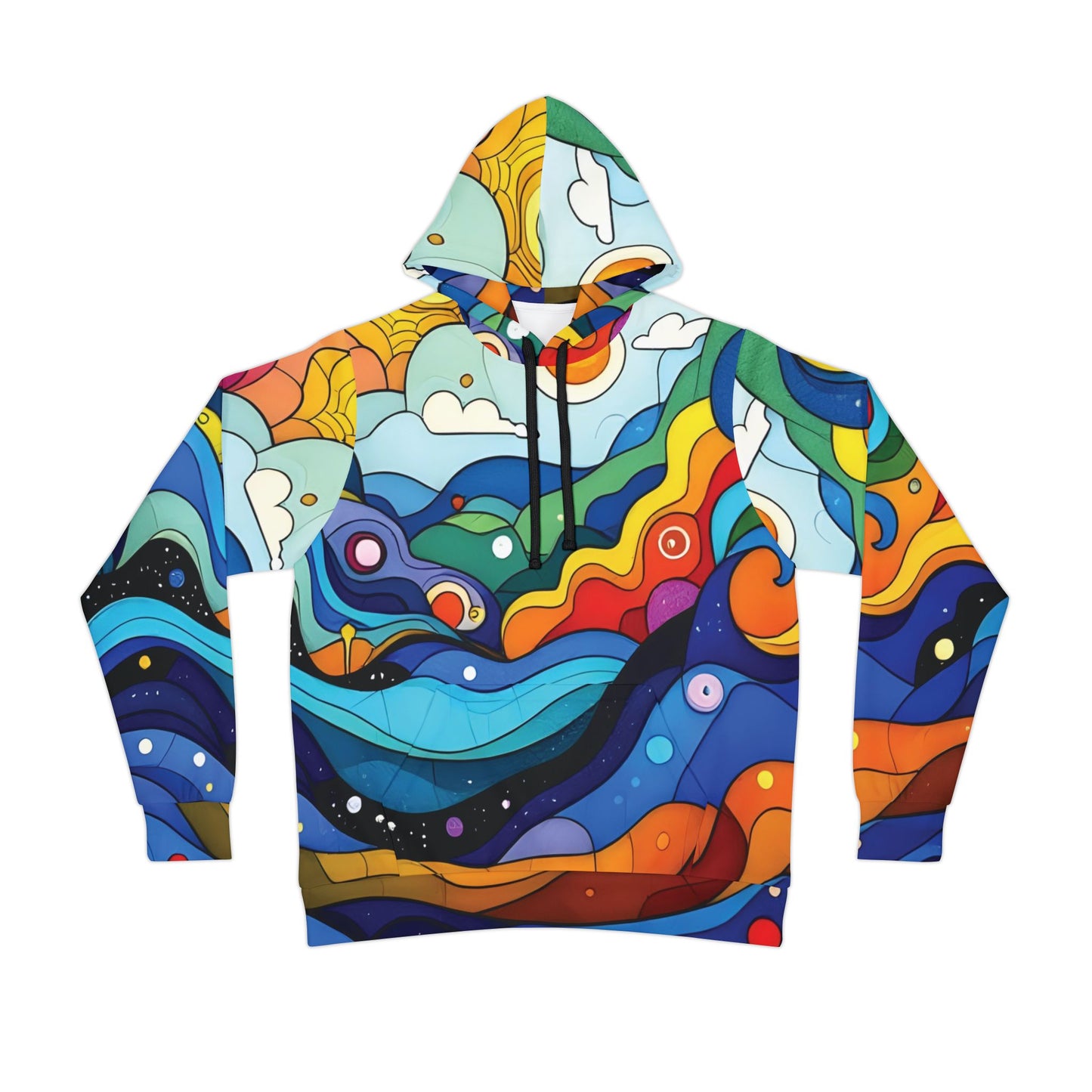 Colorful abstract-patterned Layered Spectrum Athletic Hoodie at PixiOnyx Colorwave Festival