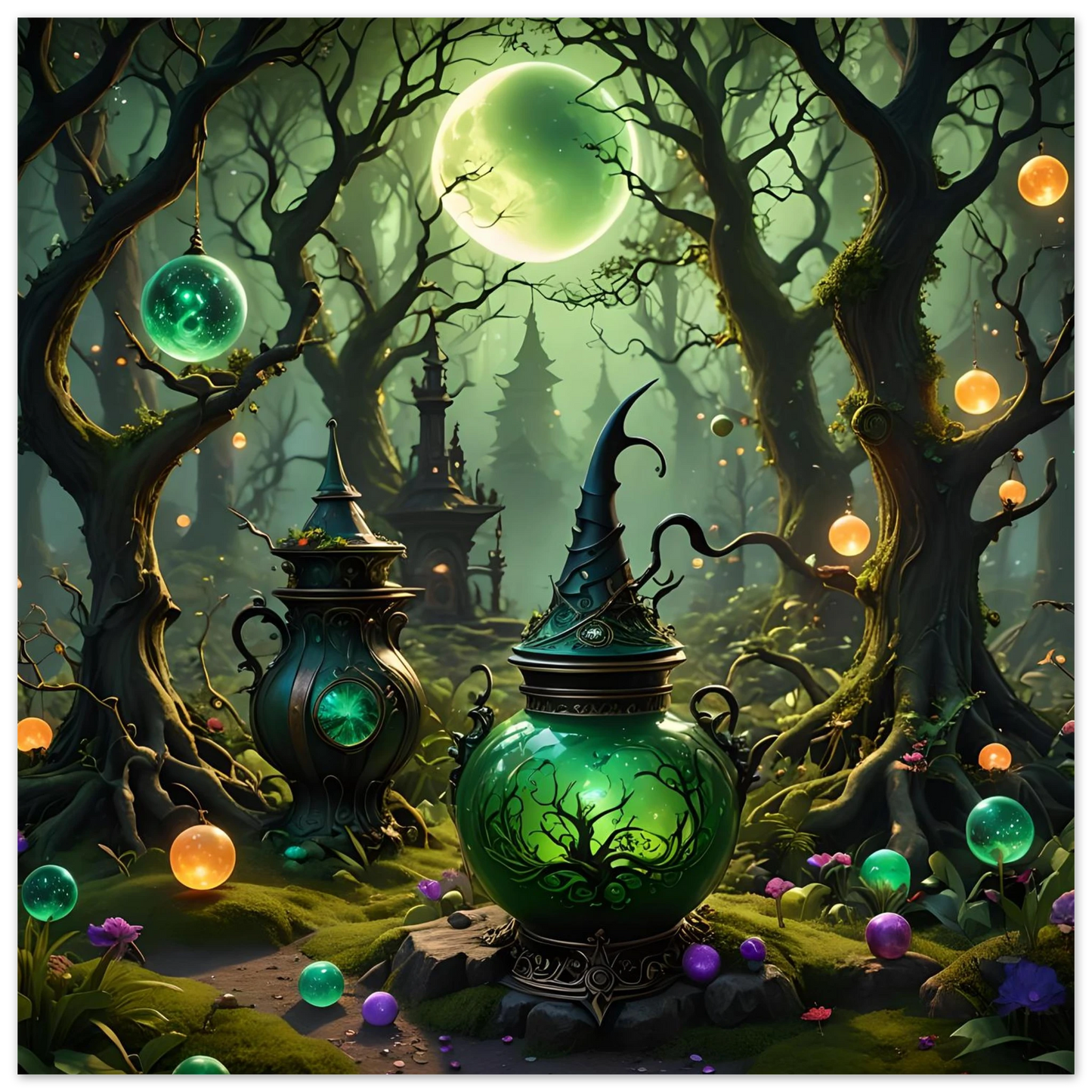 Glowing green potion vessel with pointed lid on Witchcraft Forest Fine Art Poster
