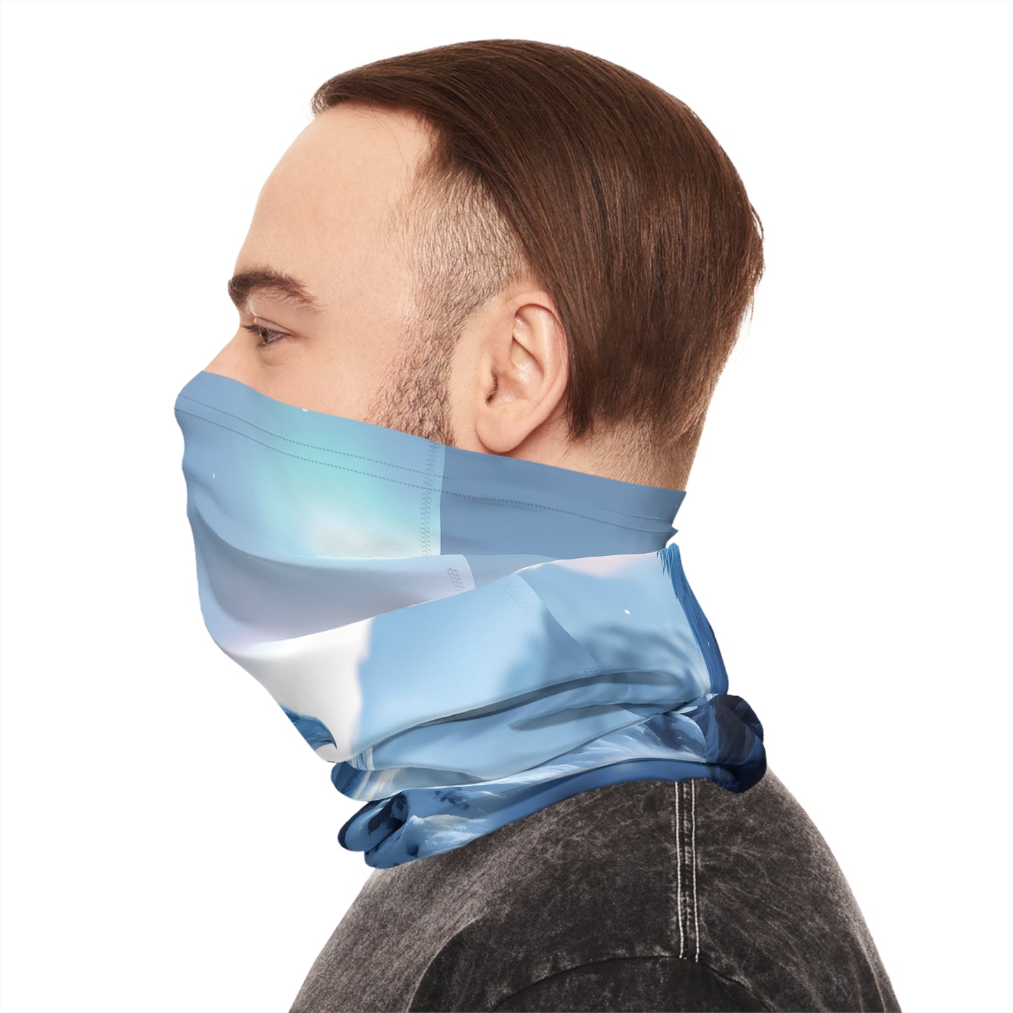 Man wearing a blue patterned face covering from Snowpeak Griffin PixiOnyx Summitborn Fantasy Series