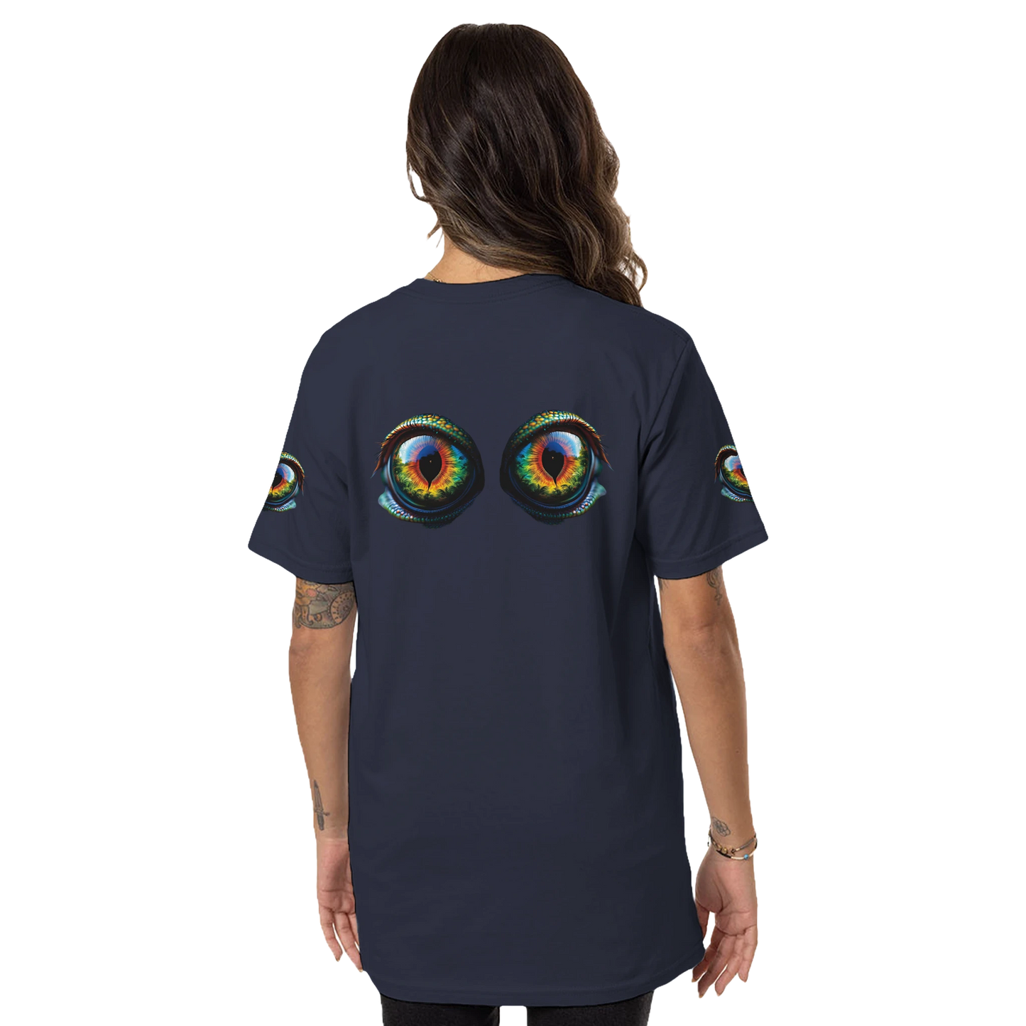 Navy T-shirt with eye print from Organic Unisex Crewneck T-shirt Chameleons Prism PixiOnyx