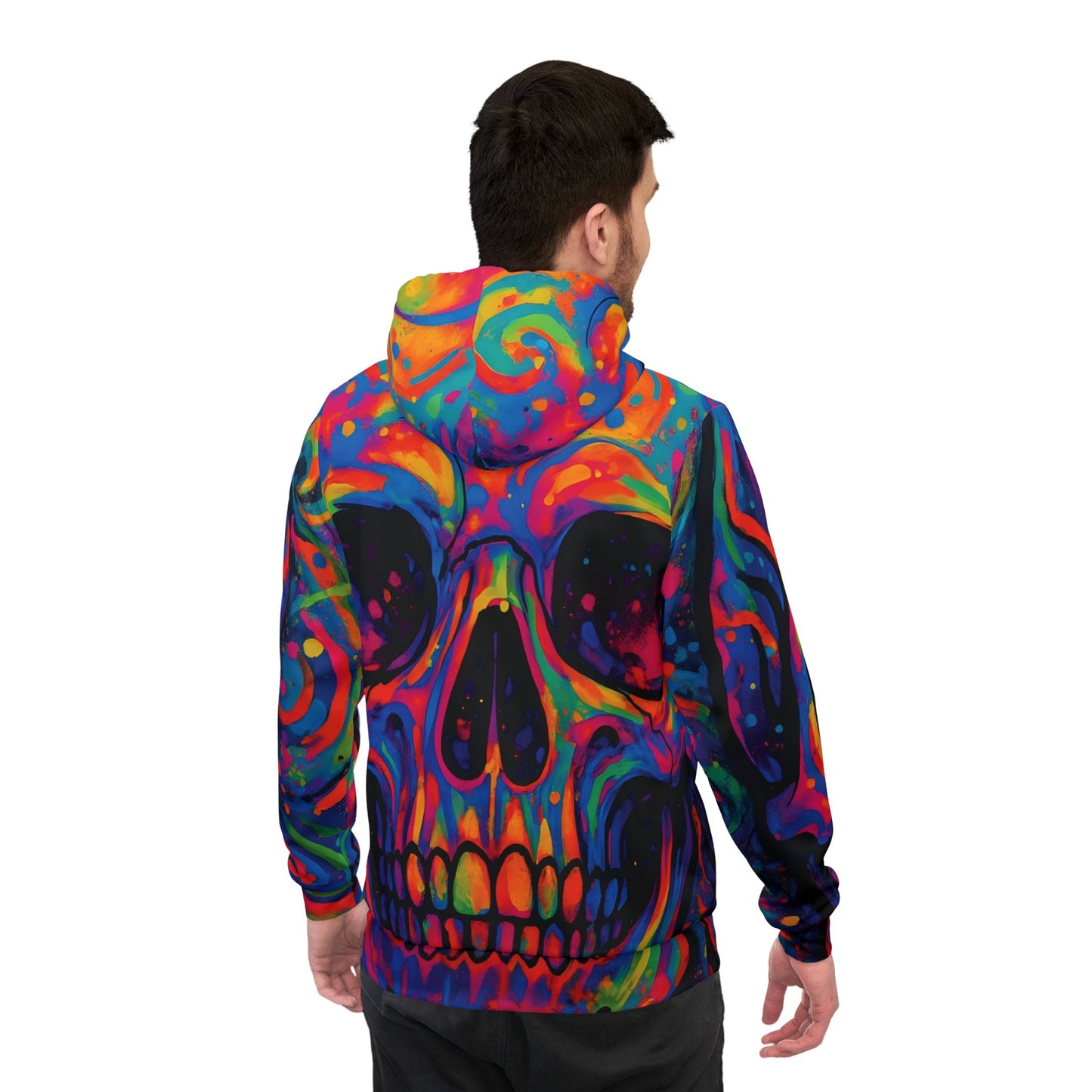 Colorful skull hoodie with psychedelic trippy design for streetwear and festival fashion