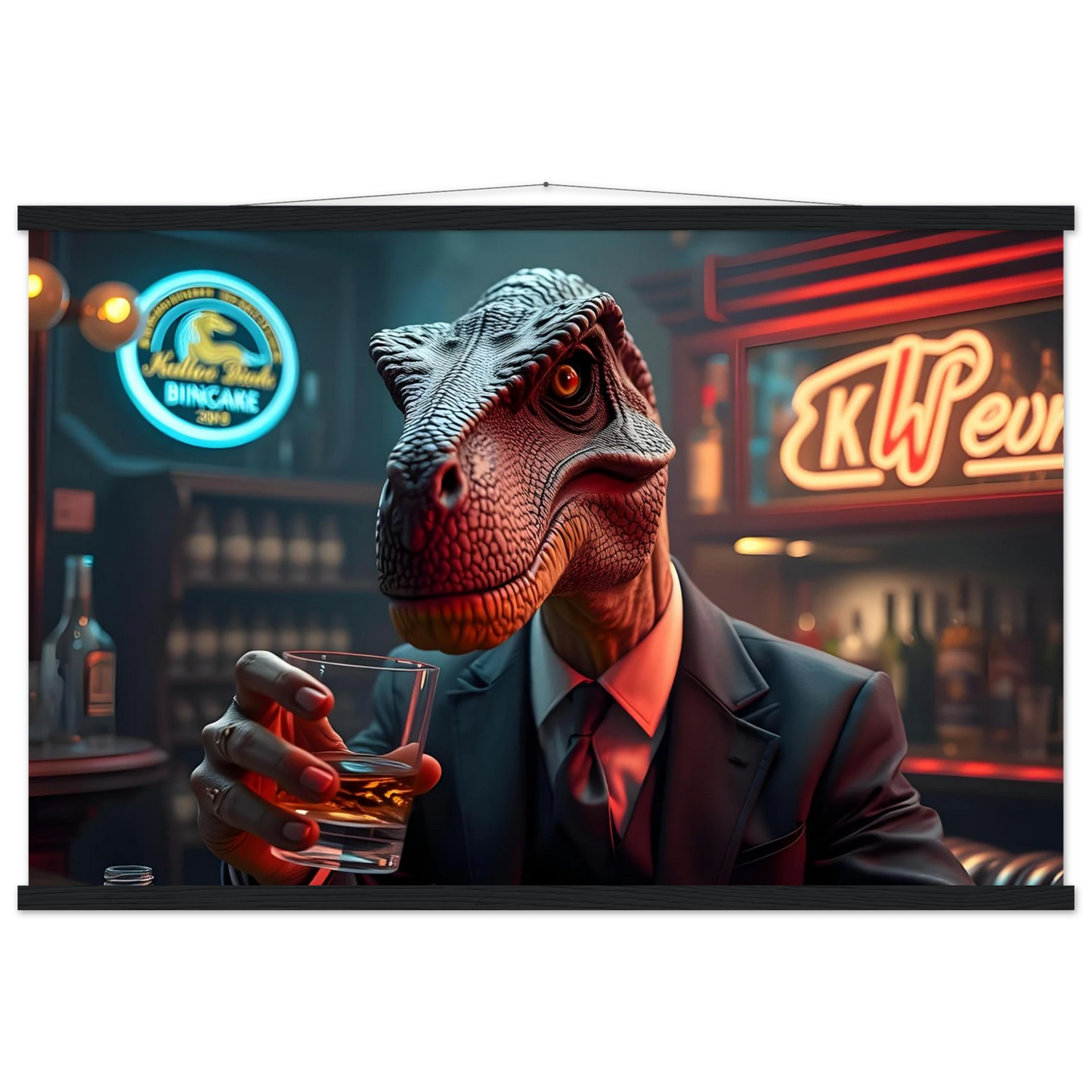 Dinosaur in suit holding whiskey glass on After Hours Instincts PixiOnyx poster