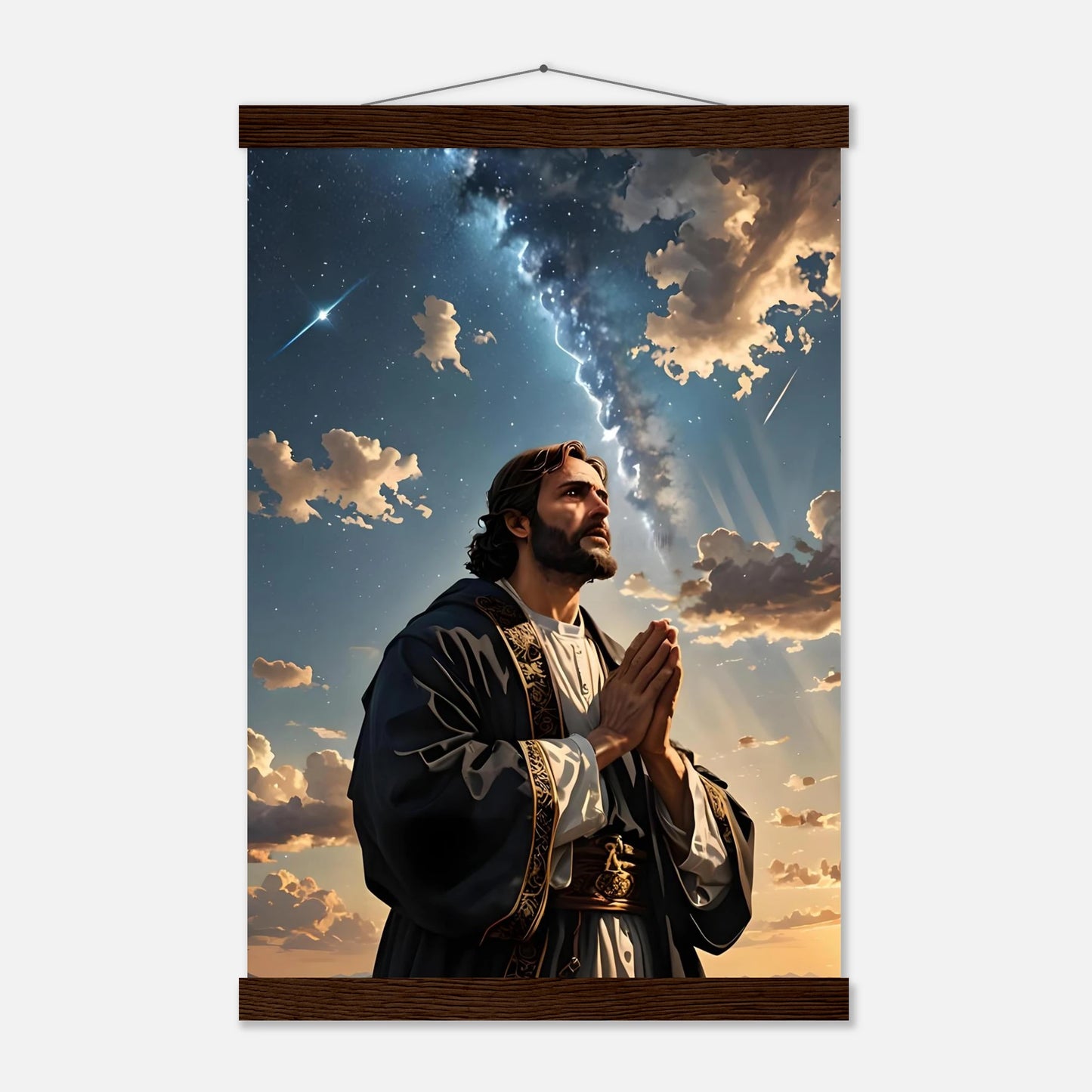Religious wall hanging poster with hanger featuring Prayer to the Cosmos design by PixiOnyx