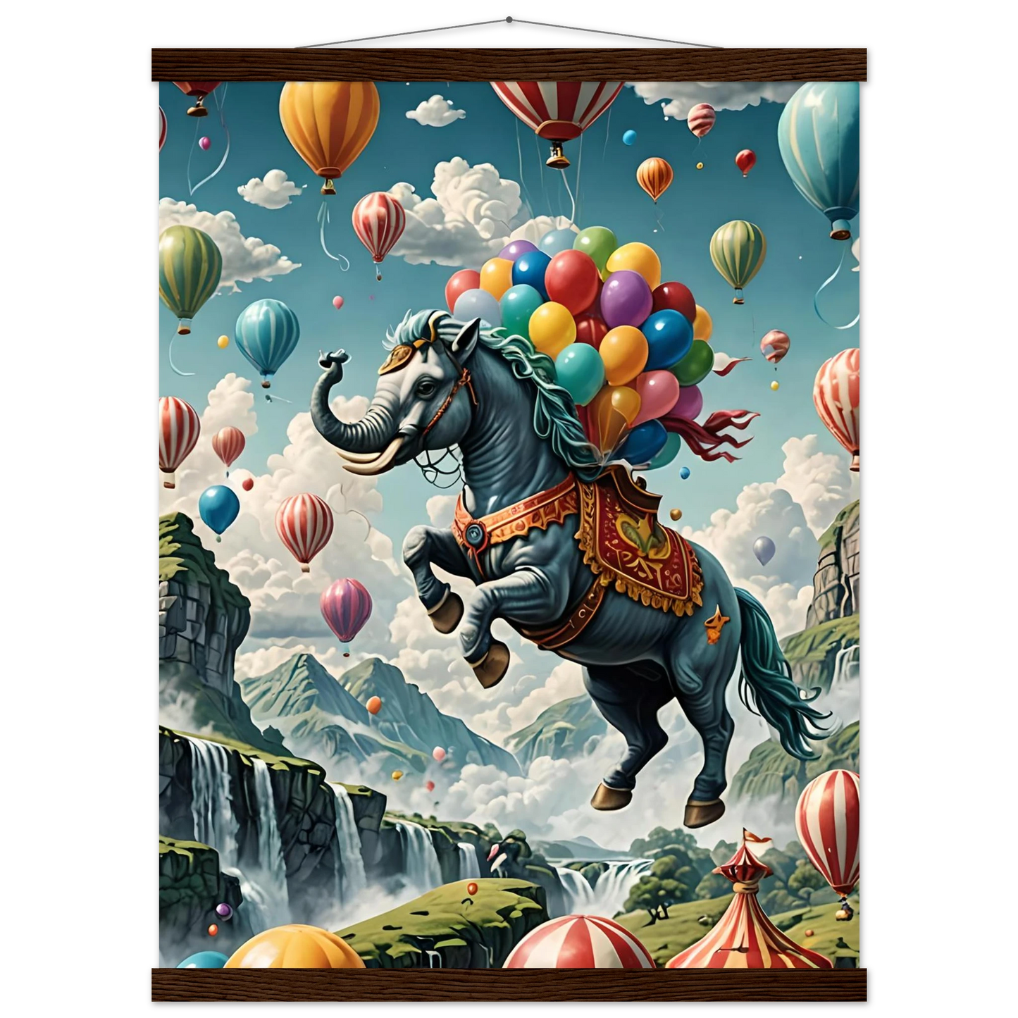 Whimsical elephant-horse hybrid with balloons on Skybound Majesty premium matte paper poster