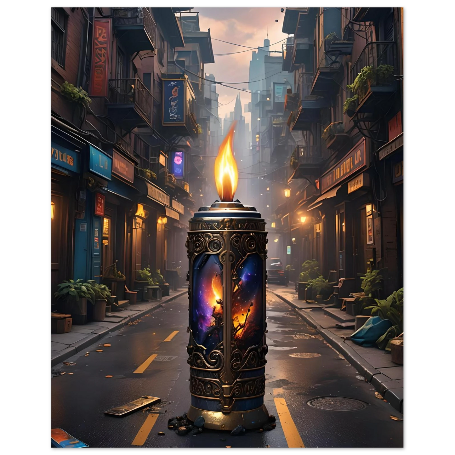 Ornate candle featuring cosmic imagery from Galactic Flame Fine Art Poster by PixiOnyx