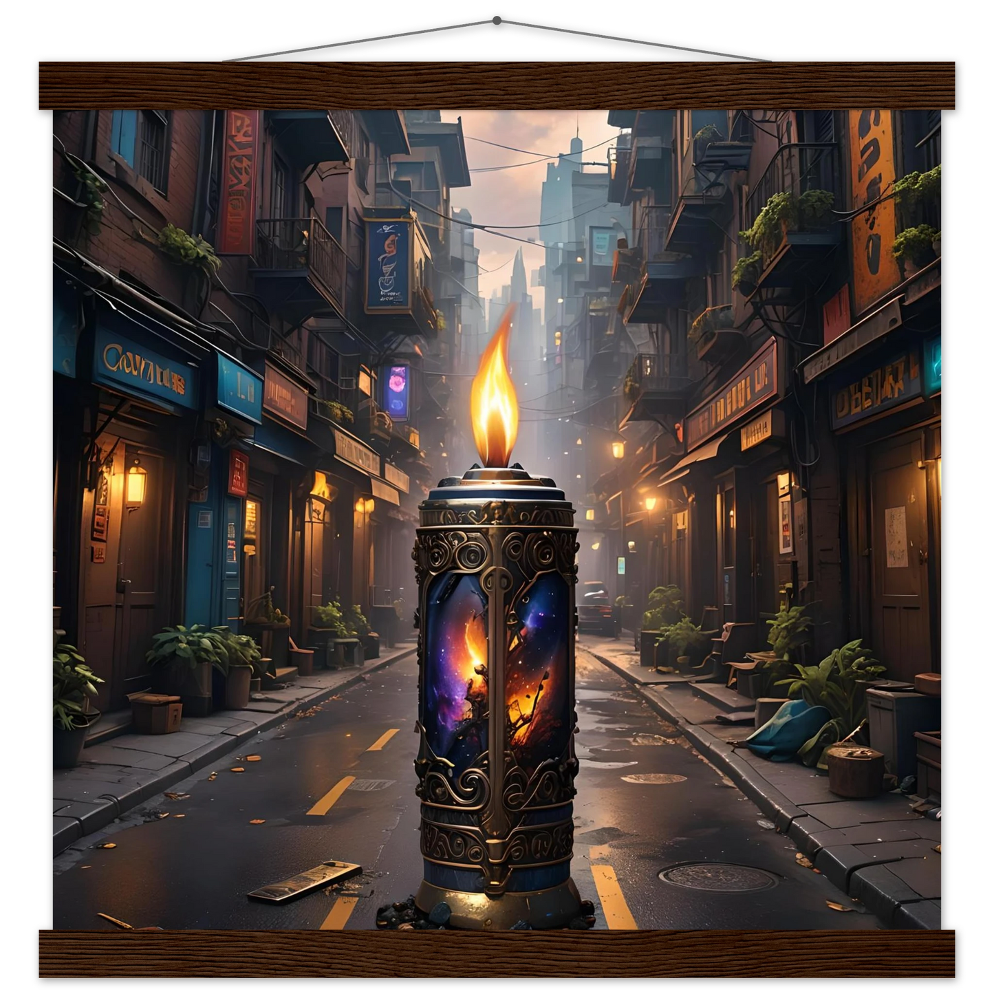 Ornate candle with cosmic imagery from Galactic Flame Hanging Matte Poster PixiOnyx Exclusive
