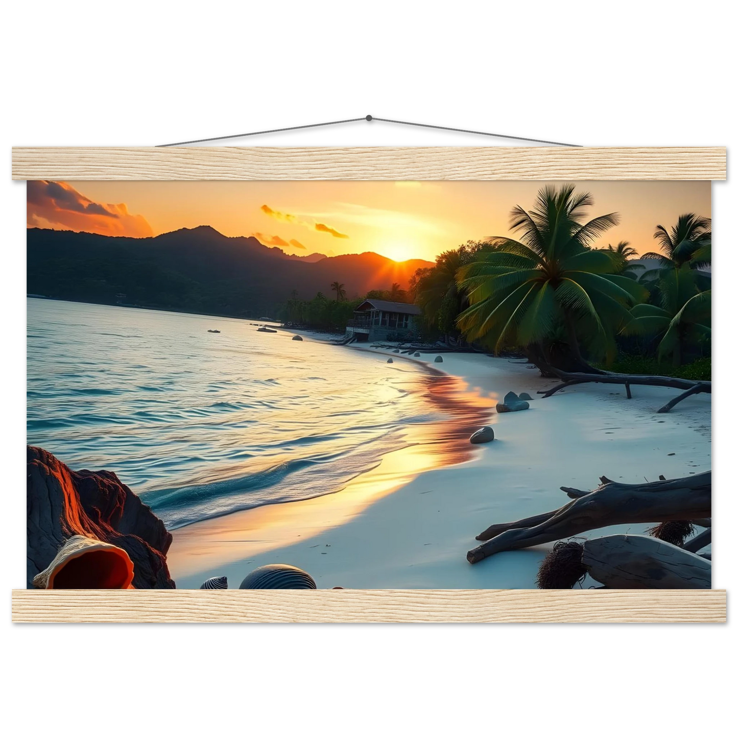 Framed Tropical Beach Sunset Scene Wall Art for Relaxing Decor