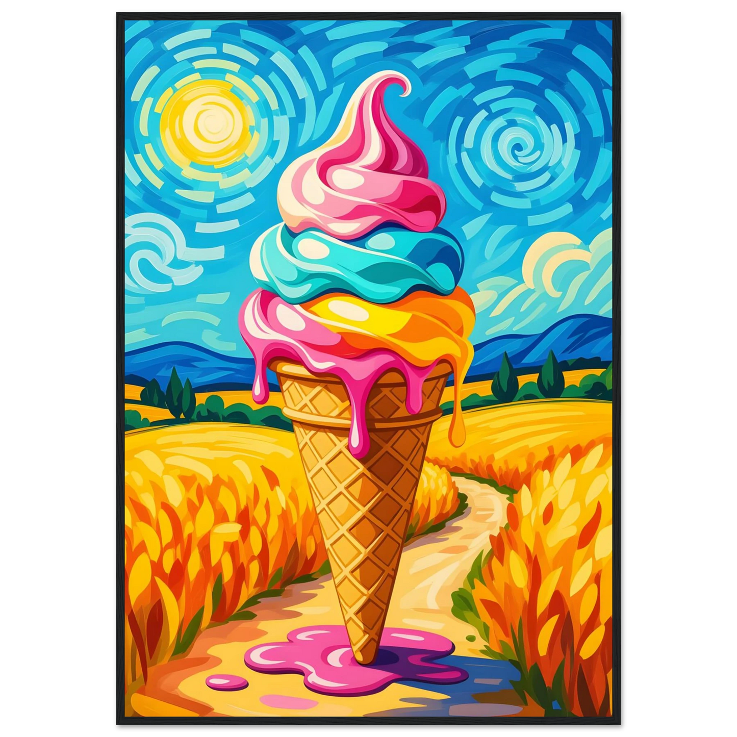 Colorful melting ice cream cone on the Premium Wooden Framed Poster Sunlit Swirl of Pastoral Chaos