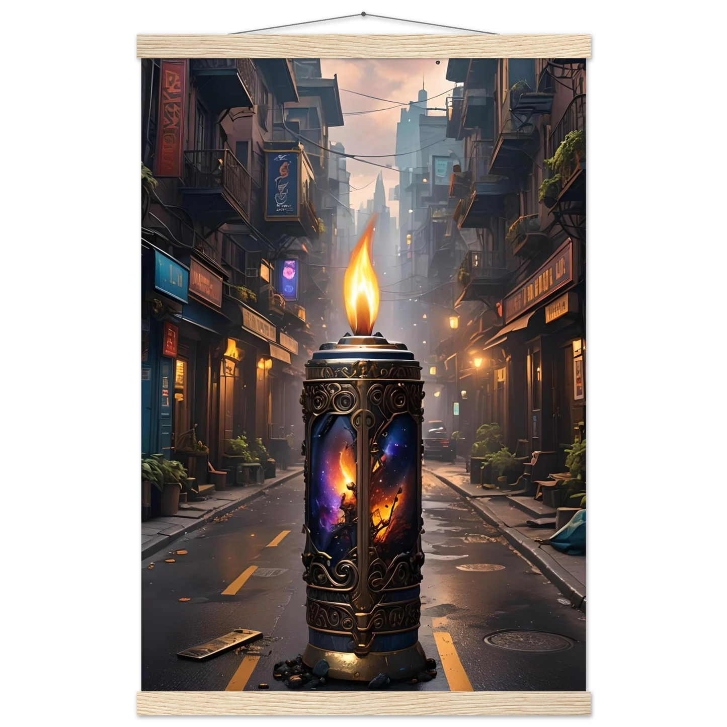 Ornate candle with cosmic imagery on Galactic Flame PixiOnyx Exclusive hanging matte poster