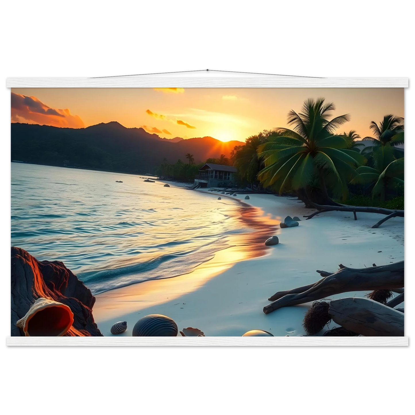 Framed beach sunset scene tropical beach poster with hanger for wall decor