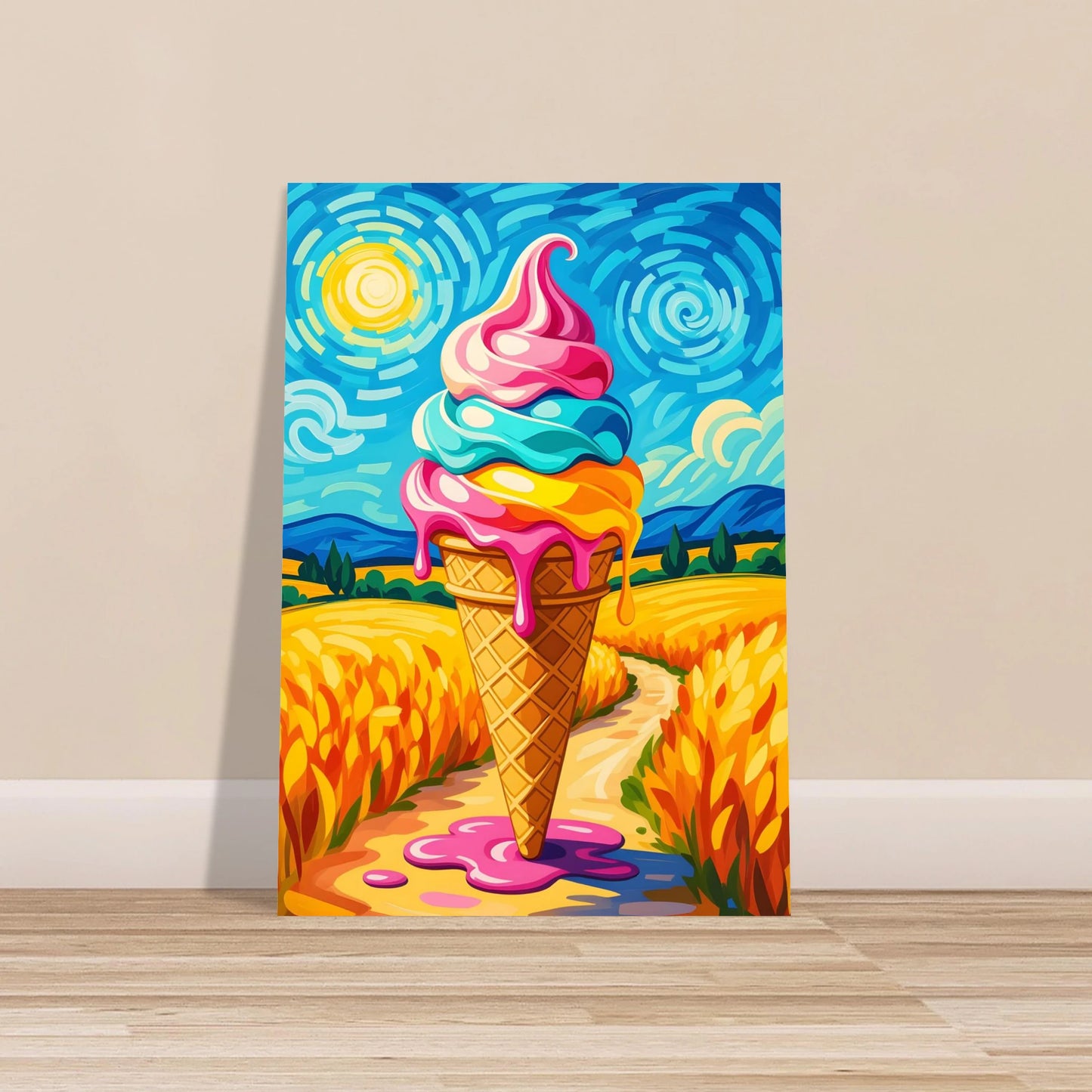 Colorful ice cream cone painting on wooden framed poster titled Sunlit Swirl of Pastoral Chaos