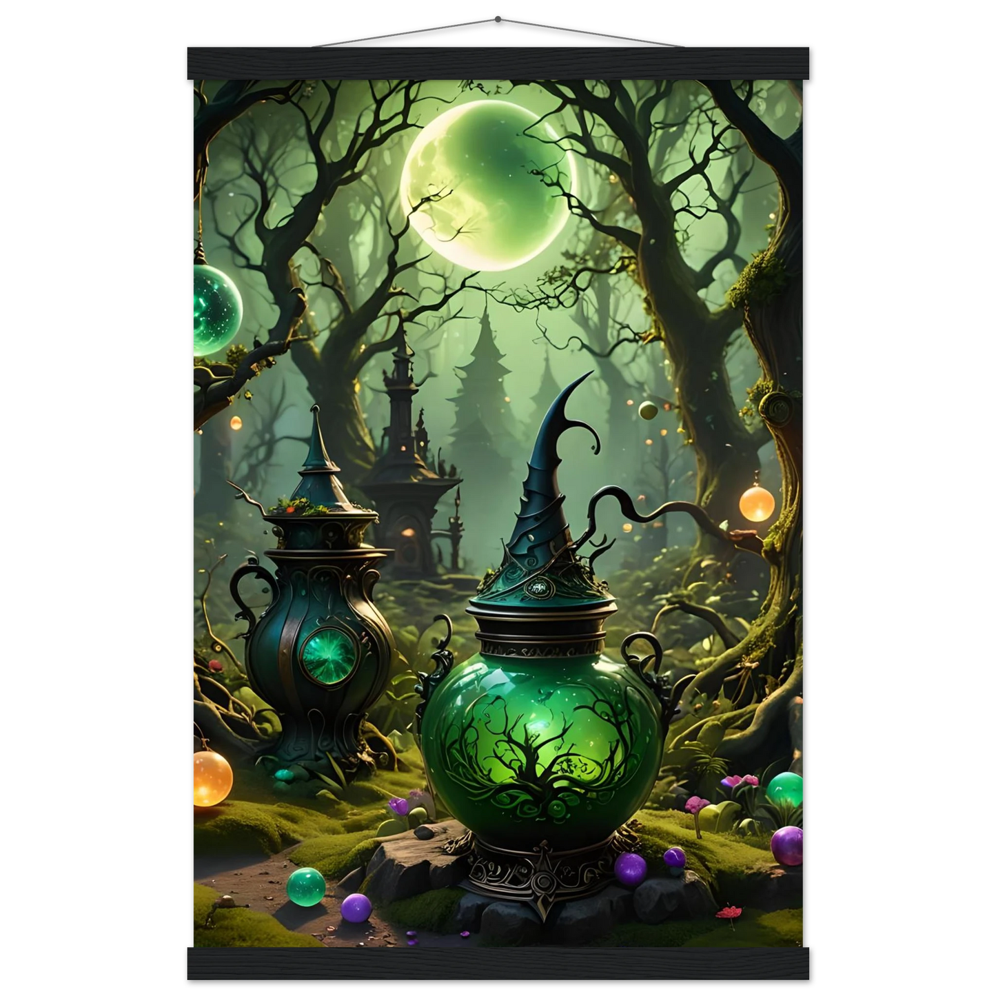 Enchanted green potion jars displayed on Witchcraft Forest Hanging Poster in matte fantasy art style