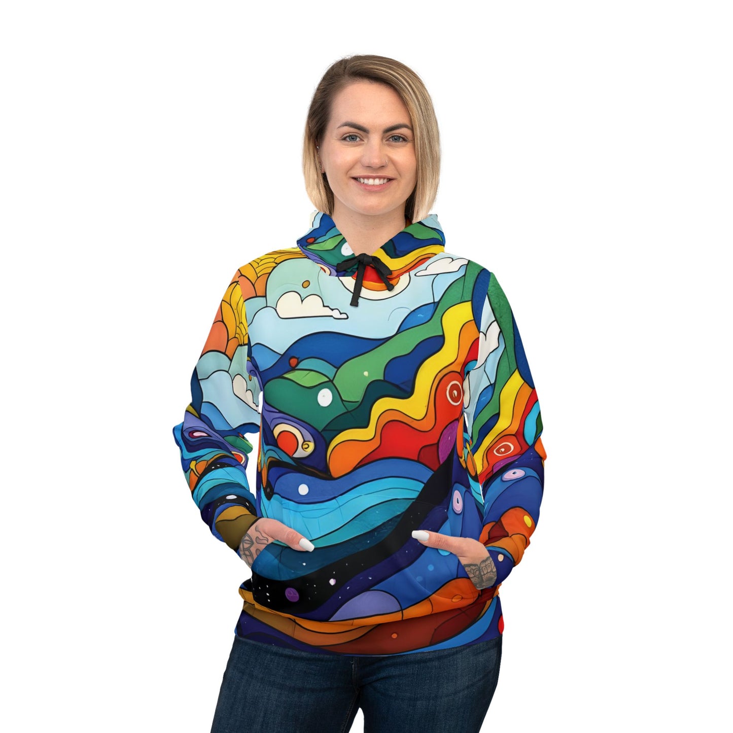 Woman wearing a colorful patterned psychedelic athletic hoodie at PixiOnyx Colorwave Festival