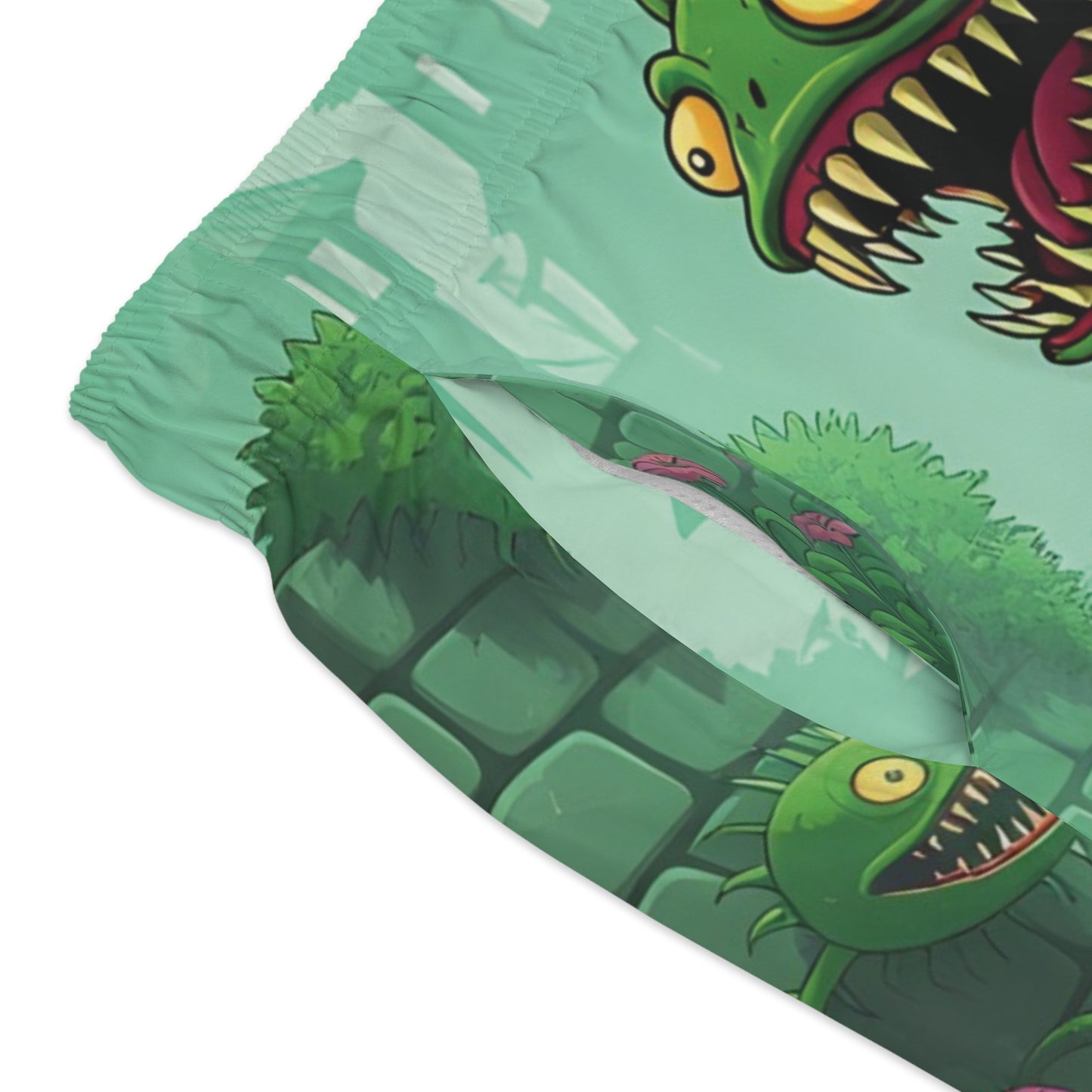 Cartoonish monster-themed pillow on Men’s Swim Trunks Grinvine Grove PixiOnyx fantasy wear