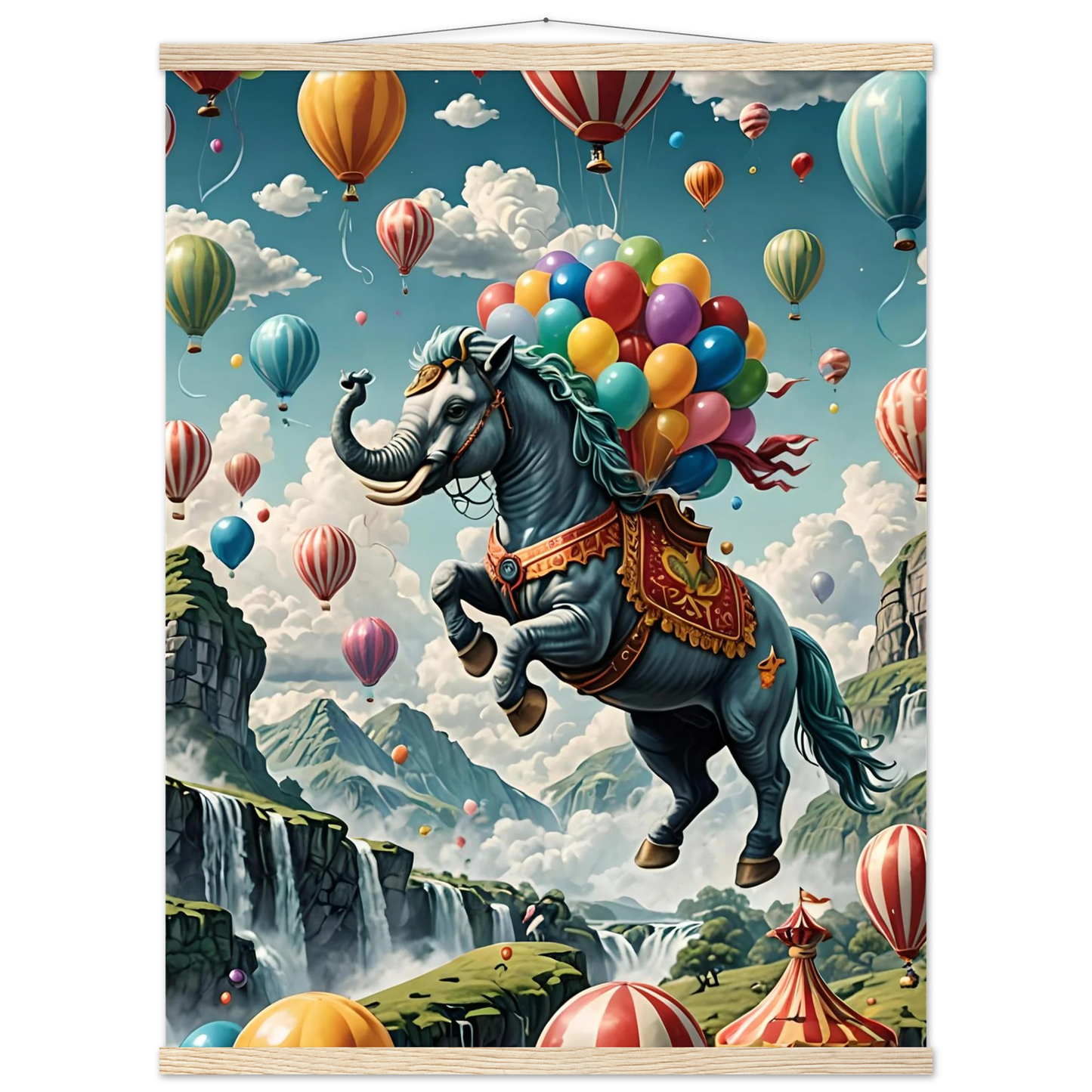 Fantasy elephant-horse hybrid with colorful balloons on Skybound Majesty poster by PixiOnyx