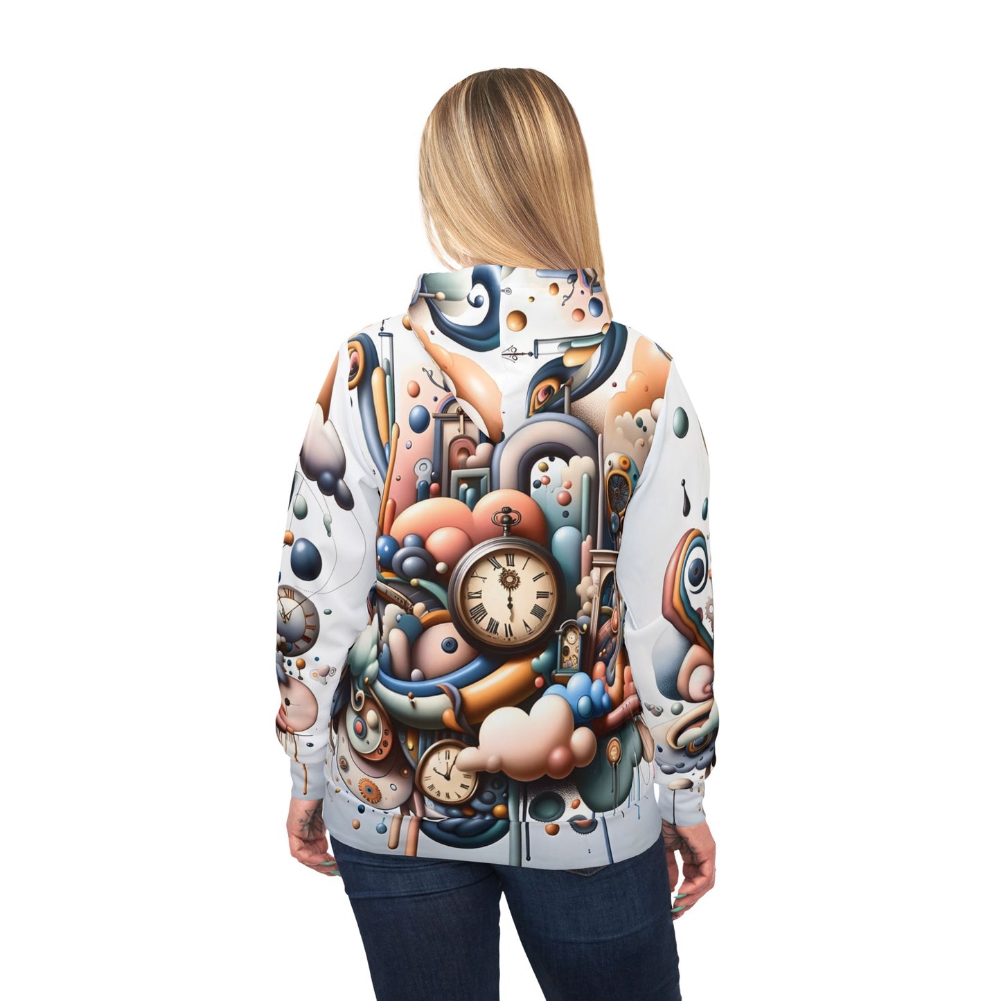 Colorful surreal time-themed patterned hoodie from PixiOnyx Activewear Drop