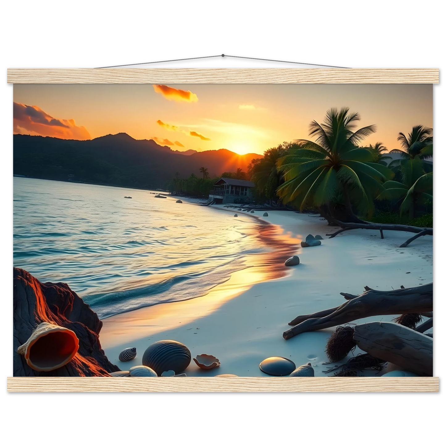 Framed tropical beach sunset scene wall art for tropical decor or sunset lovers
