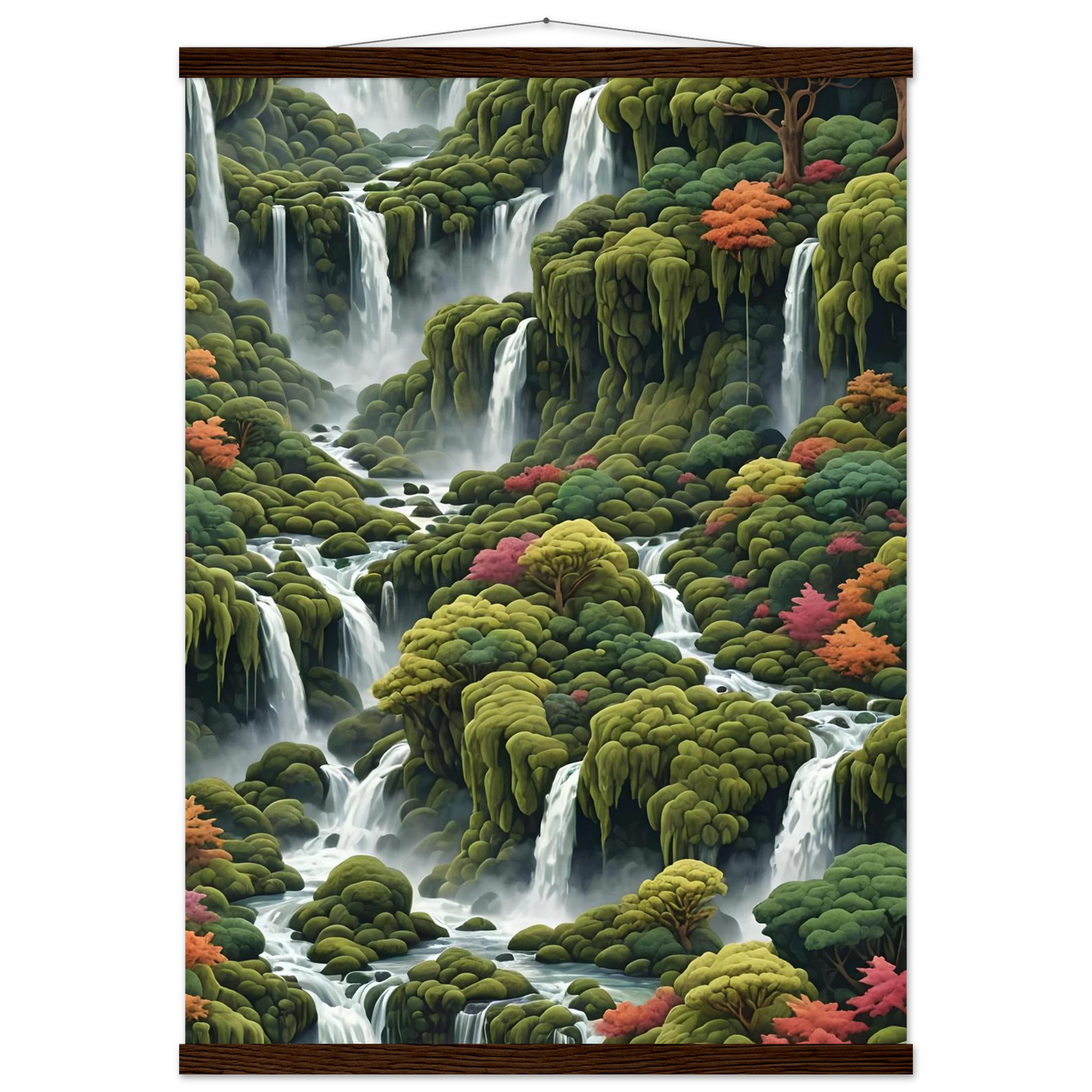 Waterfall landscape wall hanging from PixiOnyx Moss Cascade poster with hanger