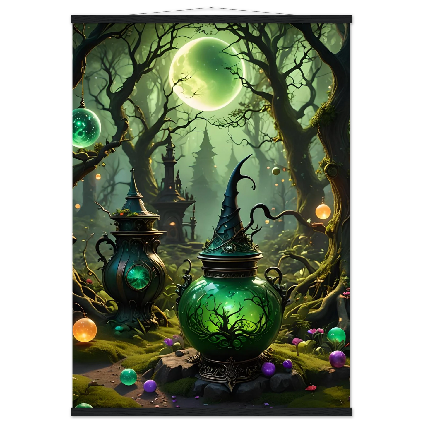 Green magical potion vessels featured on Witchcraft Forest Hanging Poster Matte Fantasy Art