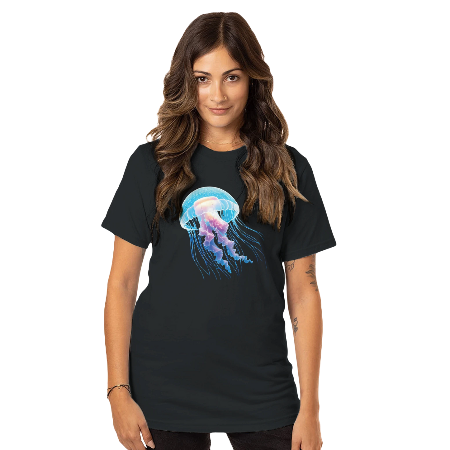 Black unisex crewneck T-shirt featuring a glowing jellyfish graphic from PixiOnyx Ocean Reverie