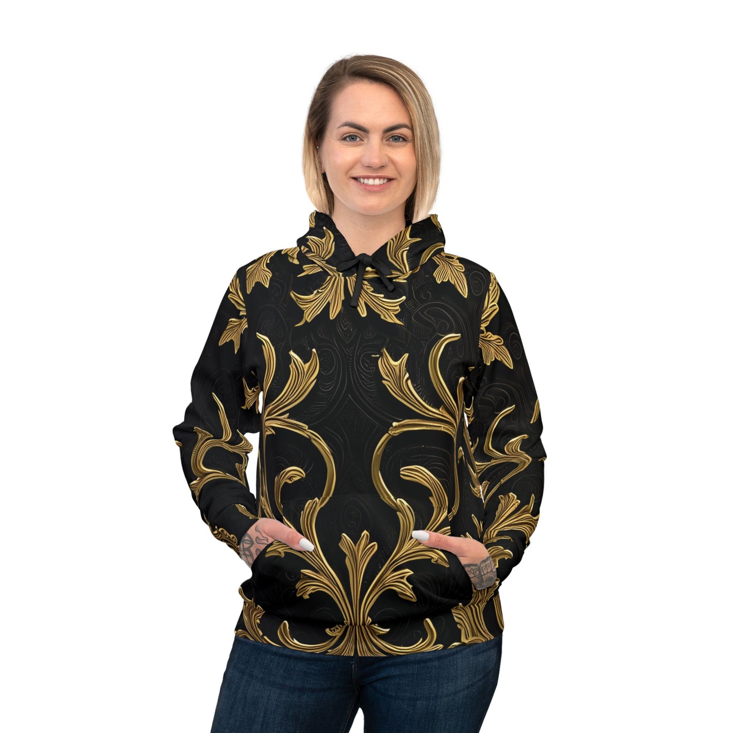 Woman wearing a black and gold patterned hoodie from PixiOnyx Gilded Veil Collection