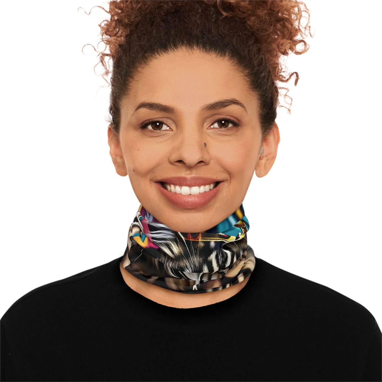 Woman wearing a patterned Neck Gaiter from PixiOnyx Urban Regal Wrap Crown Meowjesty