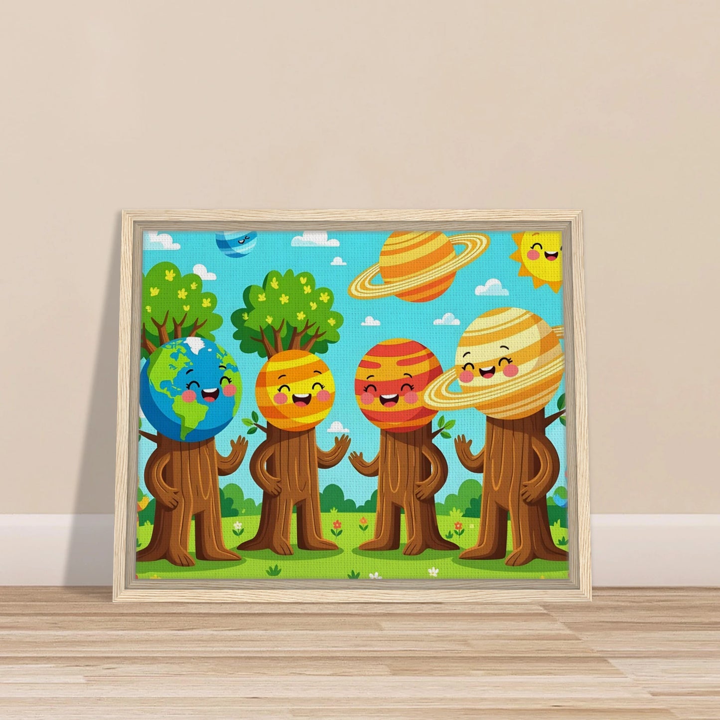 Framed cartoon planet characters art on canvas for Kids from PixiOnyx Stellar