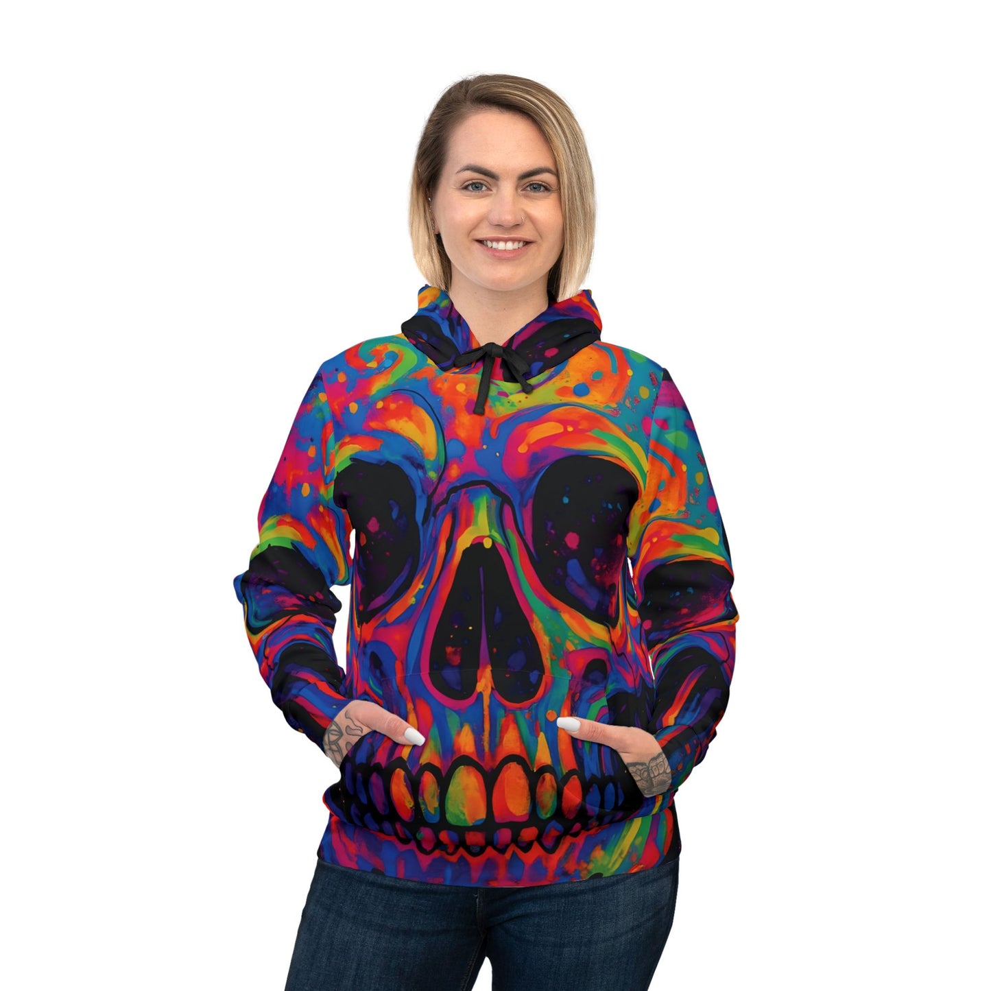 Colorful skull hoodie with psychedelic trippy design for streetwear festivals and chill sessions