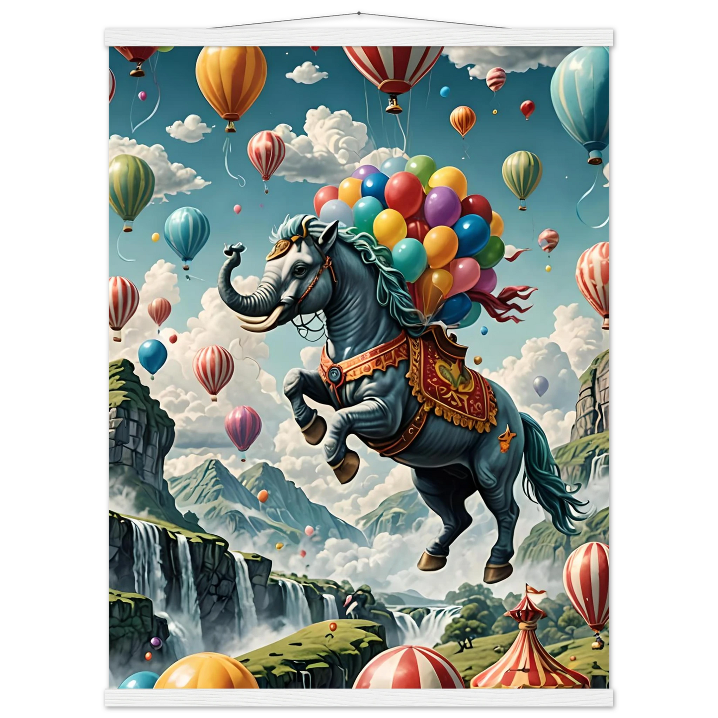 Fantasy elephant-horse hybrid with balloons on Skybound Majesty Premium Matte Paper Poster