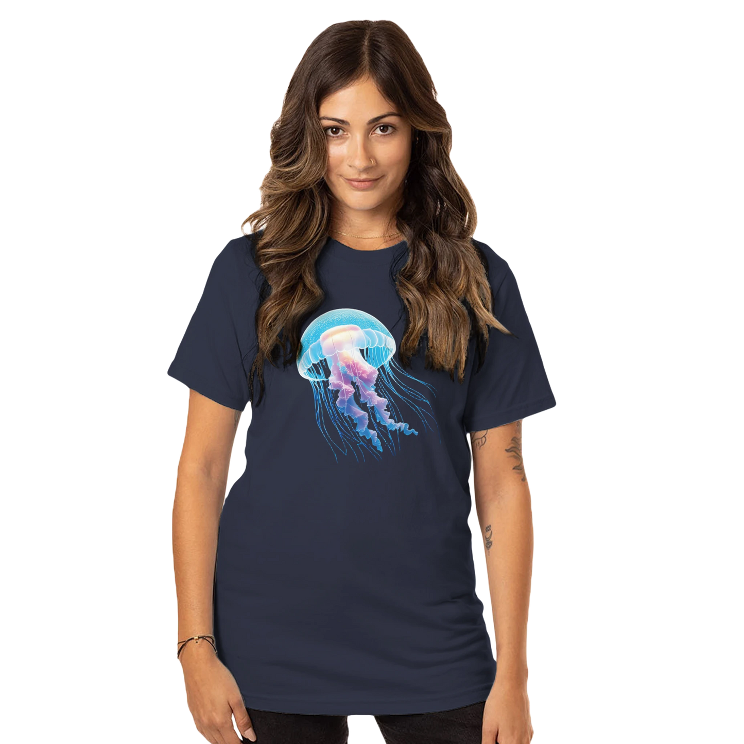 Navy Organic Unisex Crewneck T-shirt with Jellyfish Graphic from Glowing Wanderer Cosmic Drift