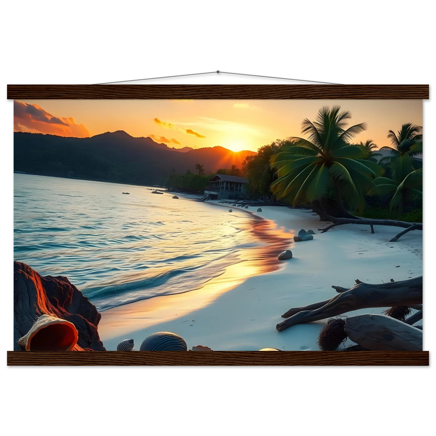 Framed beach sunset scene tropical beach poster with hanger for wall decor