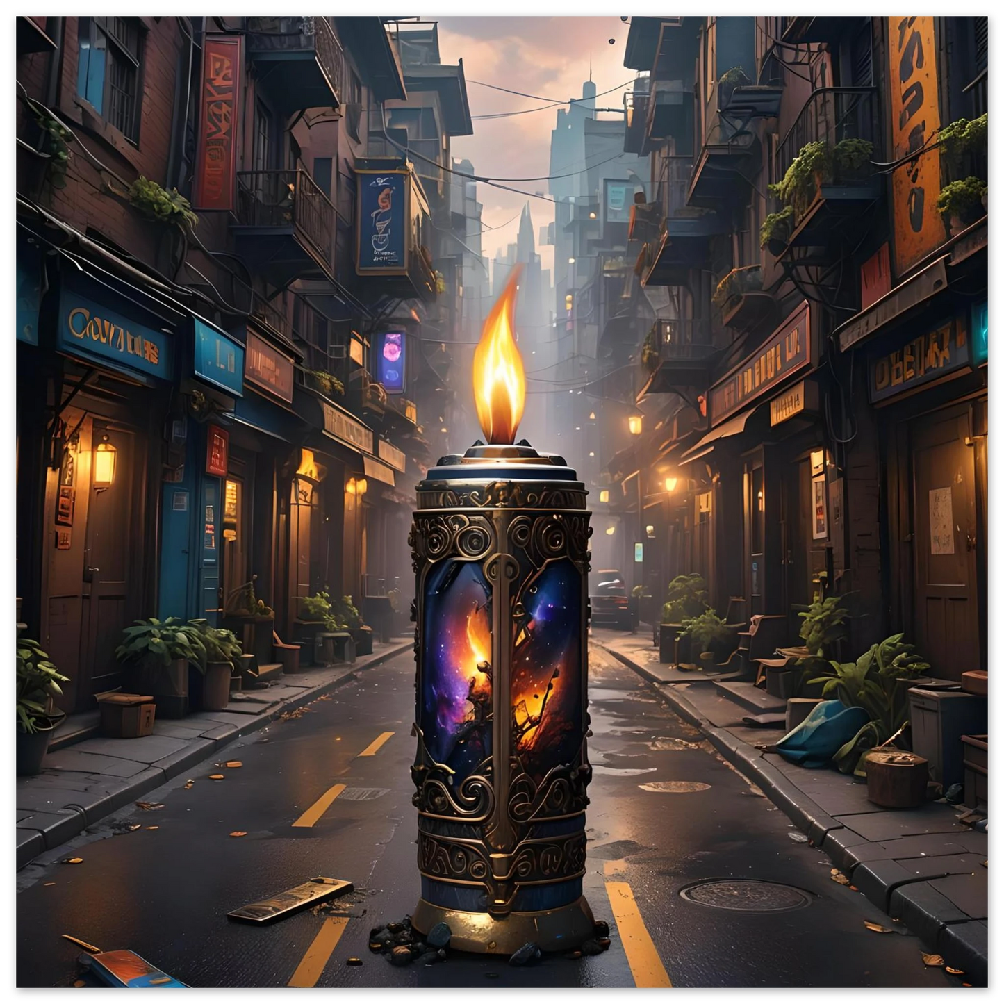 Ornate candle with celestial imagery from Galactic Flame Fine Art Poster by PixiOnyx