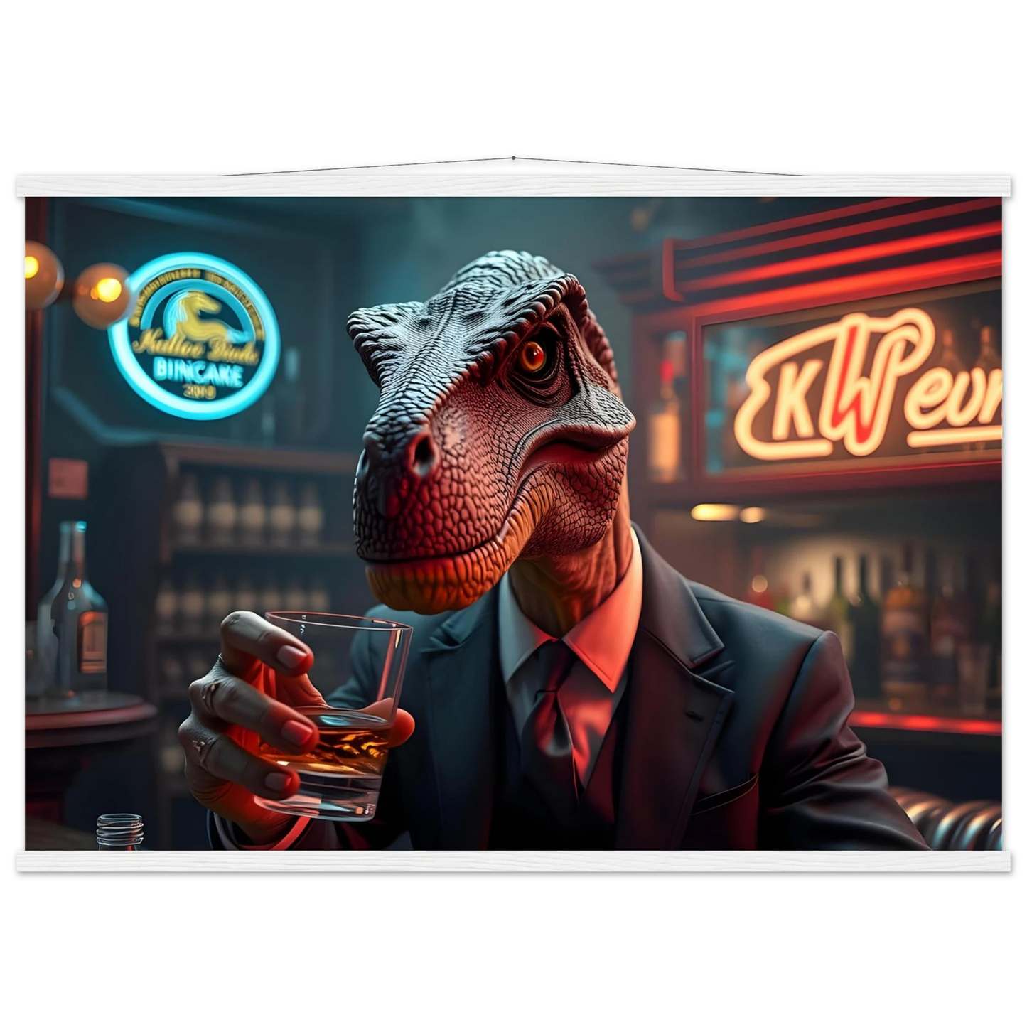 Dinosaur in a suit drinking whiskey on the Whiskey Raptor Hanging Poster by PixiOnyx