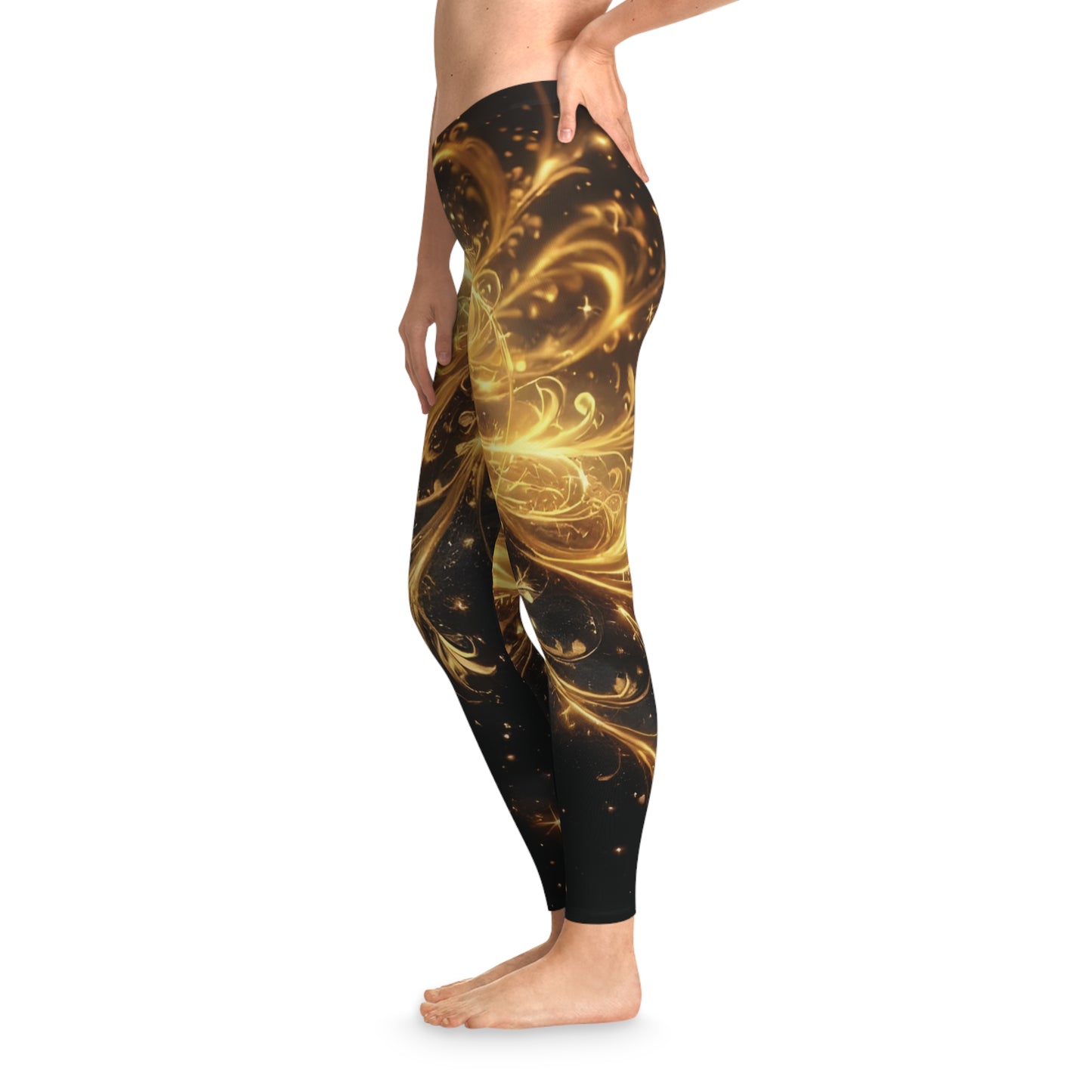 Black leggings with golden floral baroque swirl design from PixiOnyx Luxe AOP Activewear