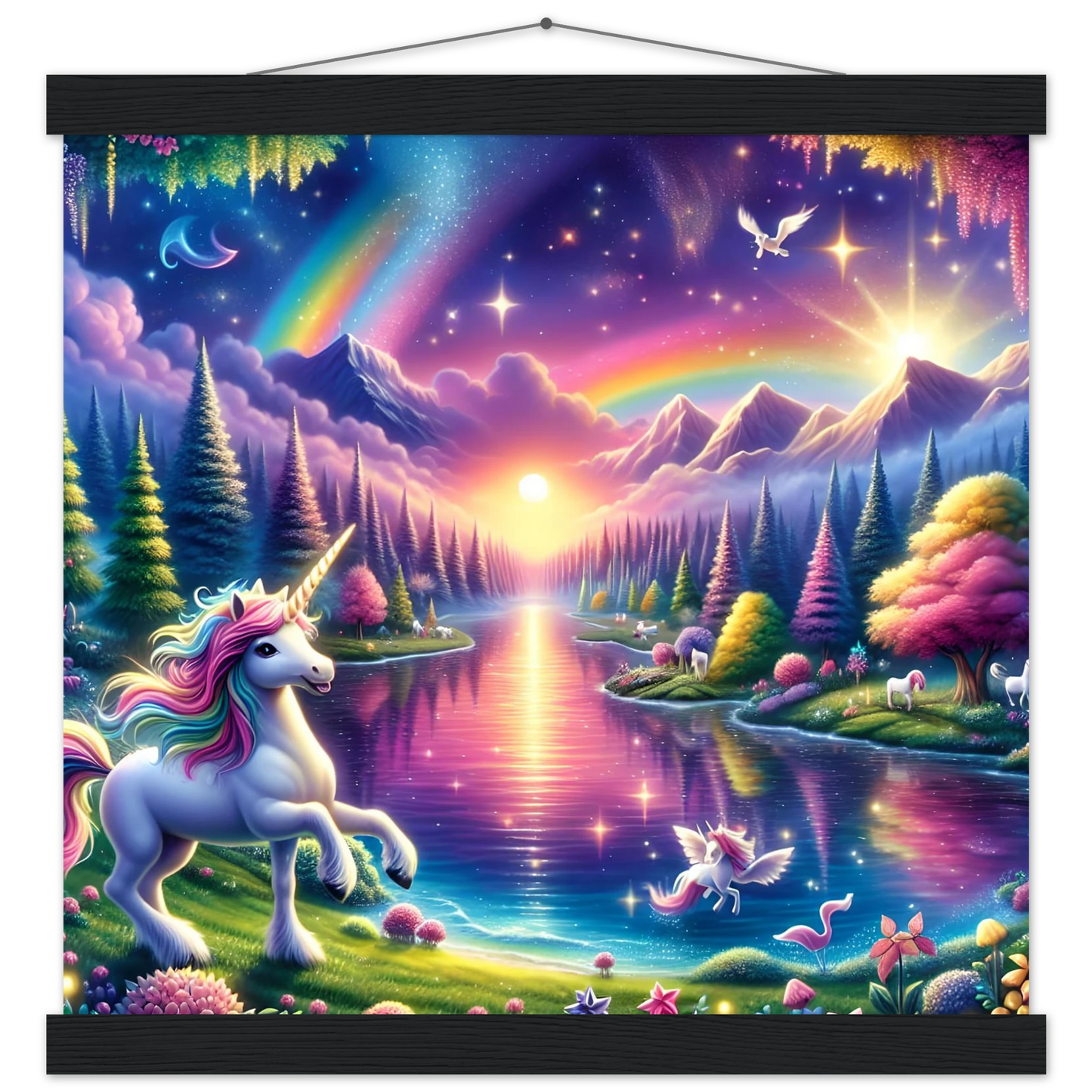 Fantasy unicorn landscape wall hanging with magnetic frame for magical wall decor