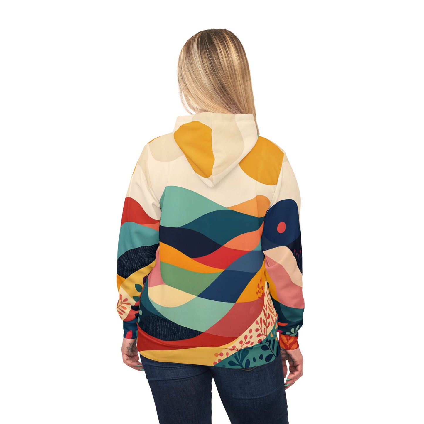 Colorful abstract landscape hoodie featuring vibrant nature-inspired design by PixiOnyx