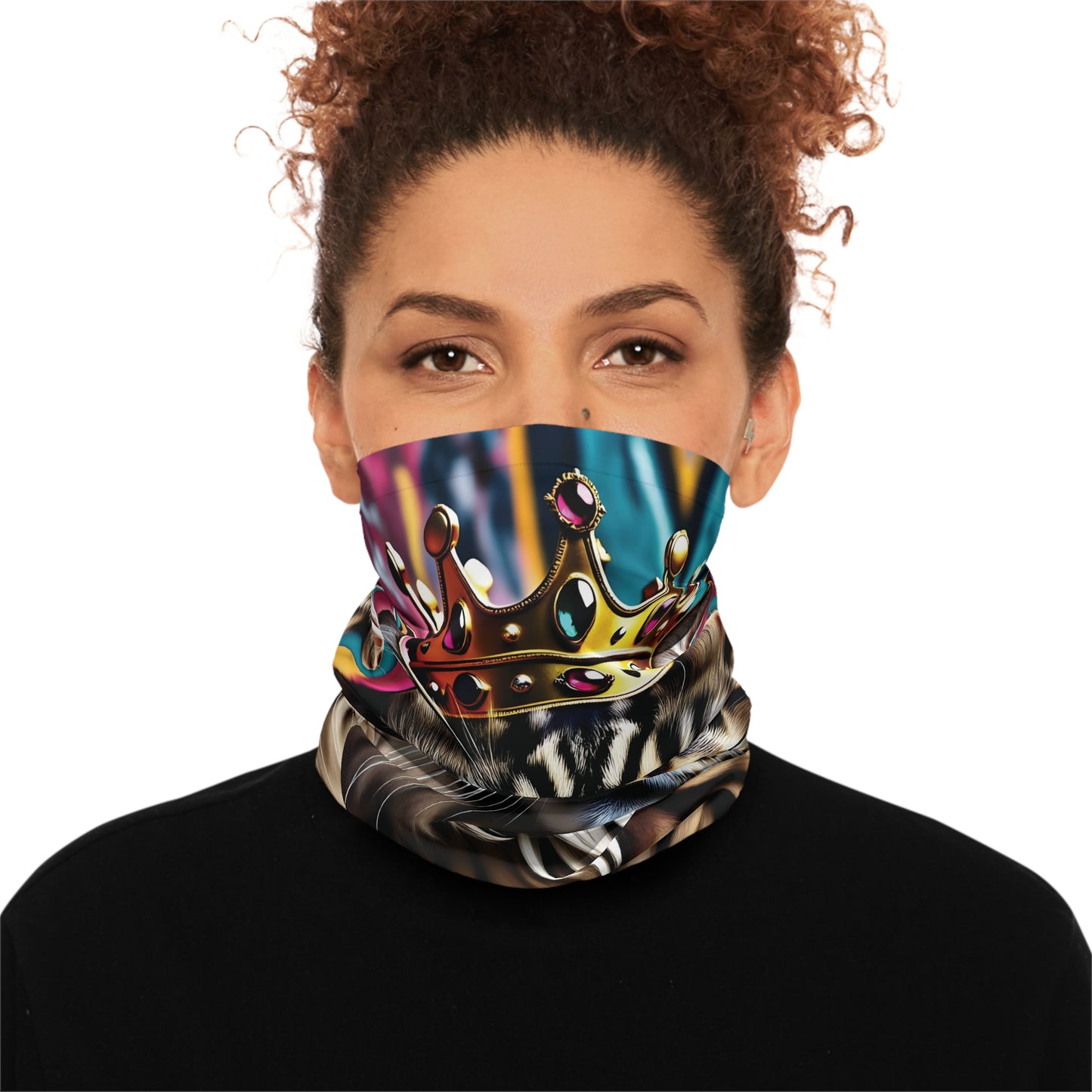 Woman wearing a crown-themed neck gaiter from PixiOnyx Urban Regal Wrap collection
