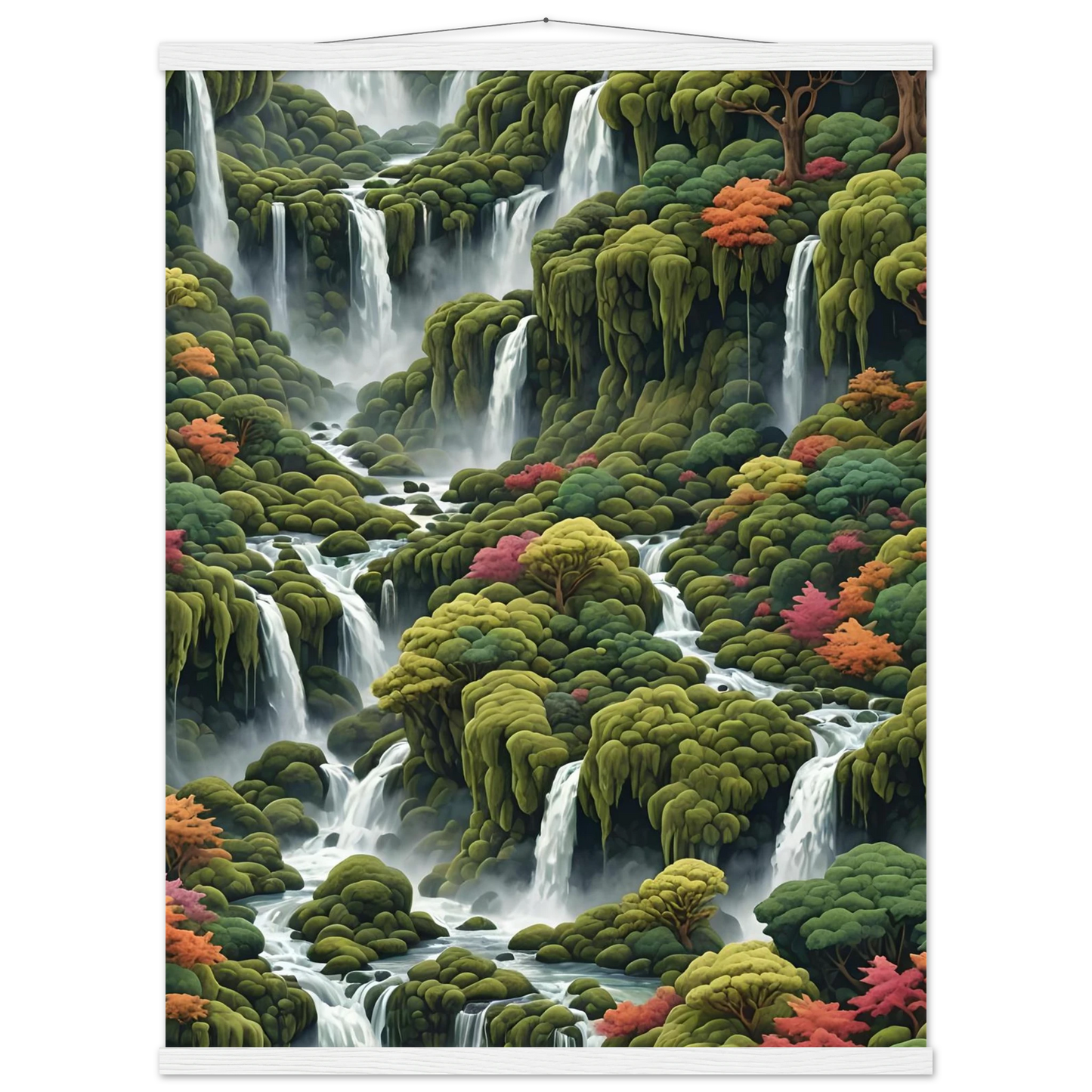 Waterfall landscape wall art poster with hanger for home decor in Moss Cascade by PixiOnyx