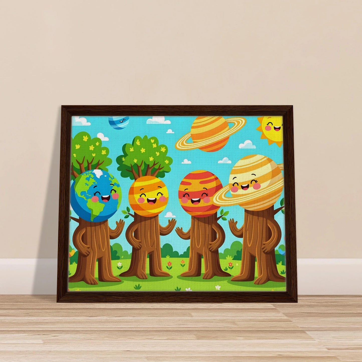 Framed cartoon planet characters from PixiOnyx Stellar Kids Art Canvas featuring cosmic tree friends