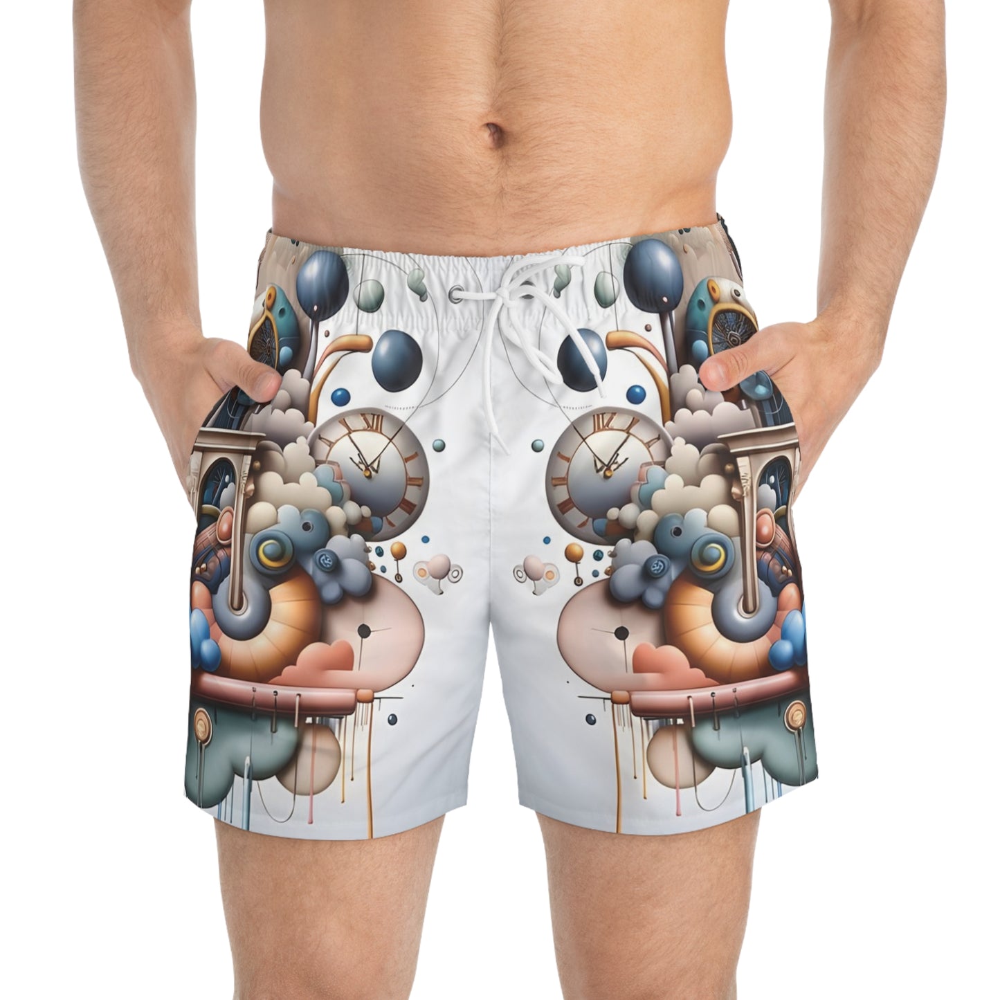 Pastel Mechanica Swim Trunks with Surreal Clockwork Design for Summer Beachwear