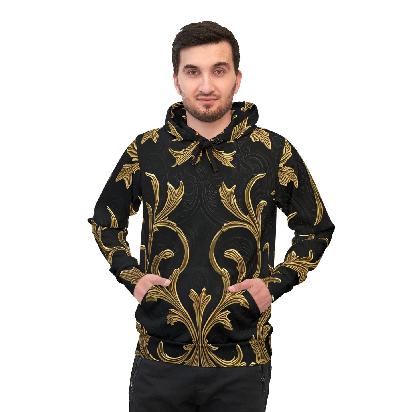 Man wearing a black and gold patterned Gilded Veil Hoodie with elegant Baroque design
