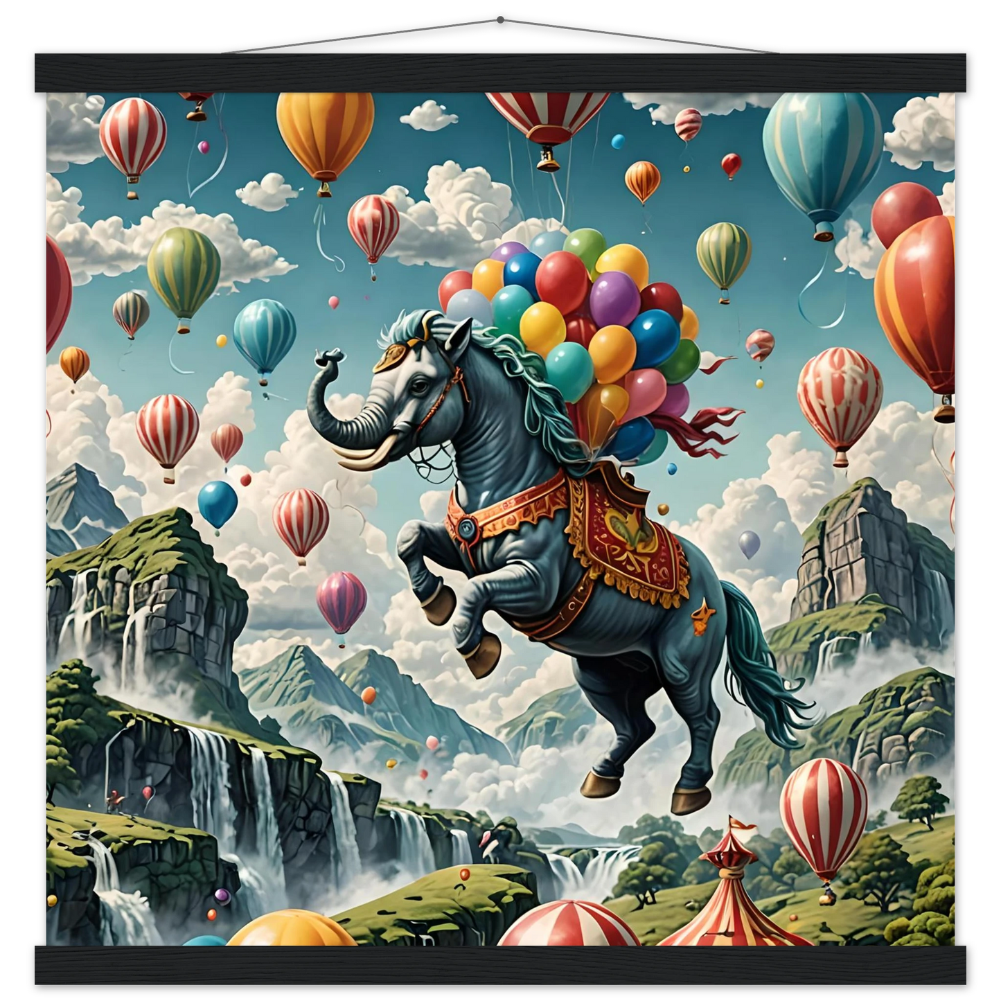 Fantasy elephant-horse hybrid with balloons on Skybound Majesty Premium Matte Poster