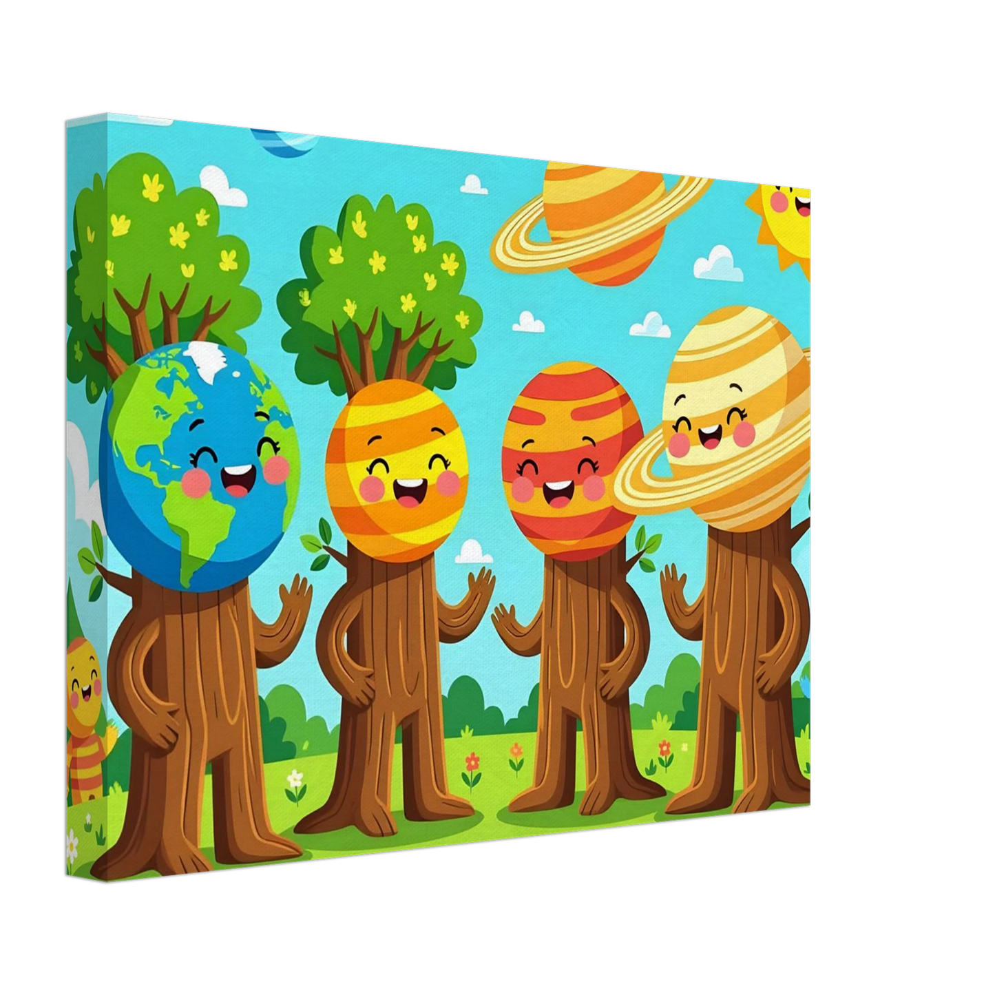 Cartoon planet-headed tree characters from Canvas Cosmic Tree Friends by PixiOnyx Stellar Kids Art