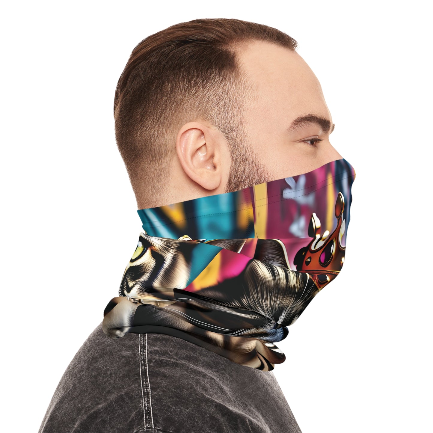 Colorful cat-themed face covering on Neck Gaiter Crown Meowjesty PixiOnyx Urban Regal Wrap