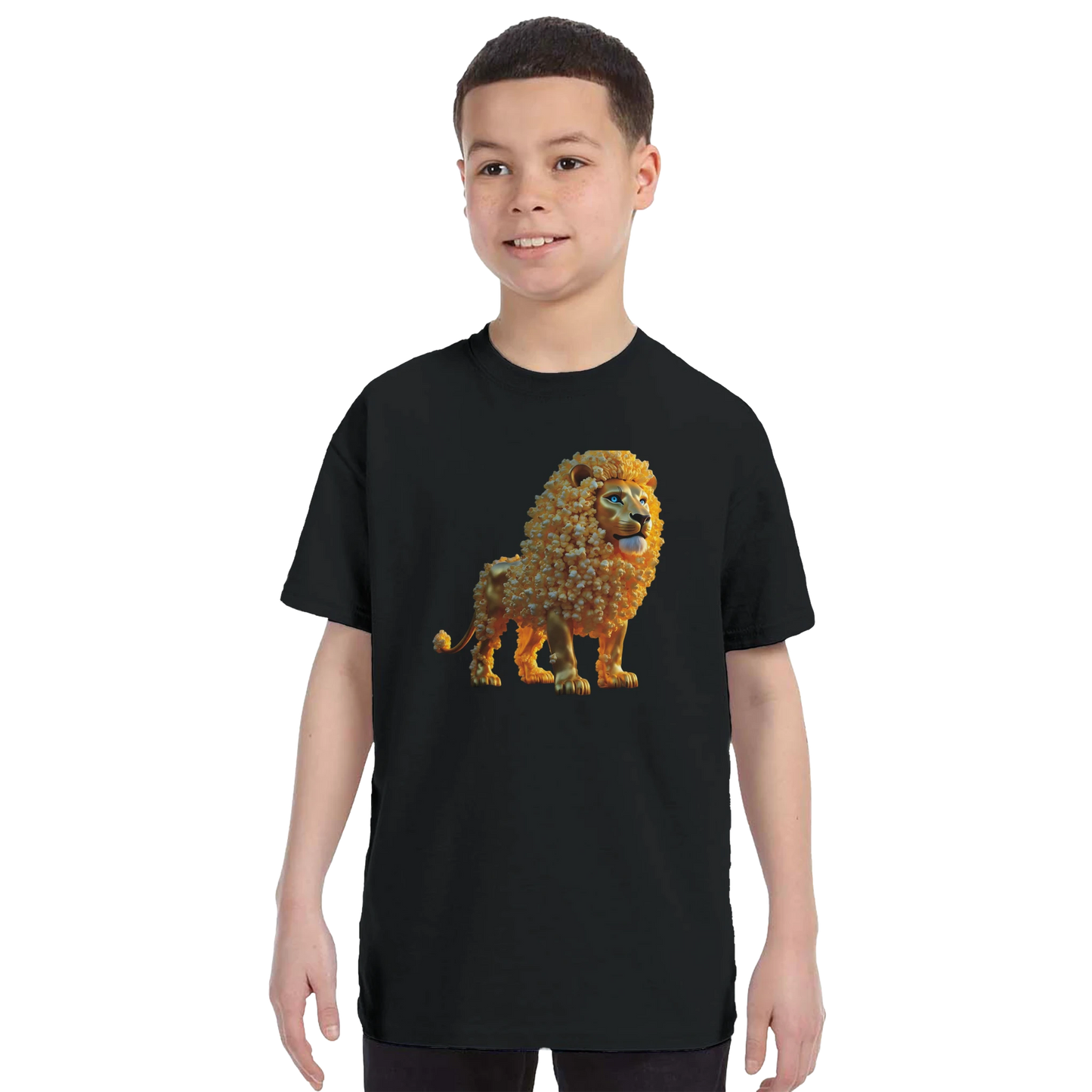 Boy wearing a Lion T-shirt from Classic Kids Crewneck T-shirt The Golden Kernel King PixiOnyx