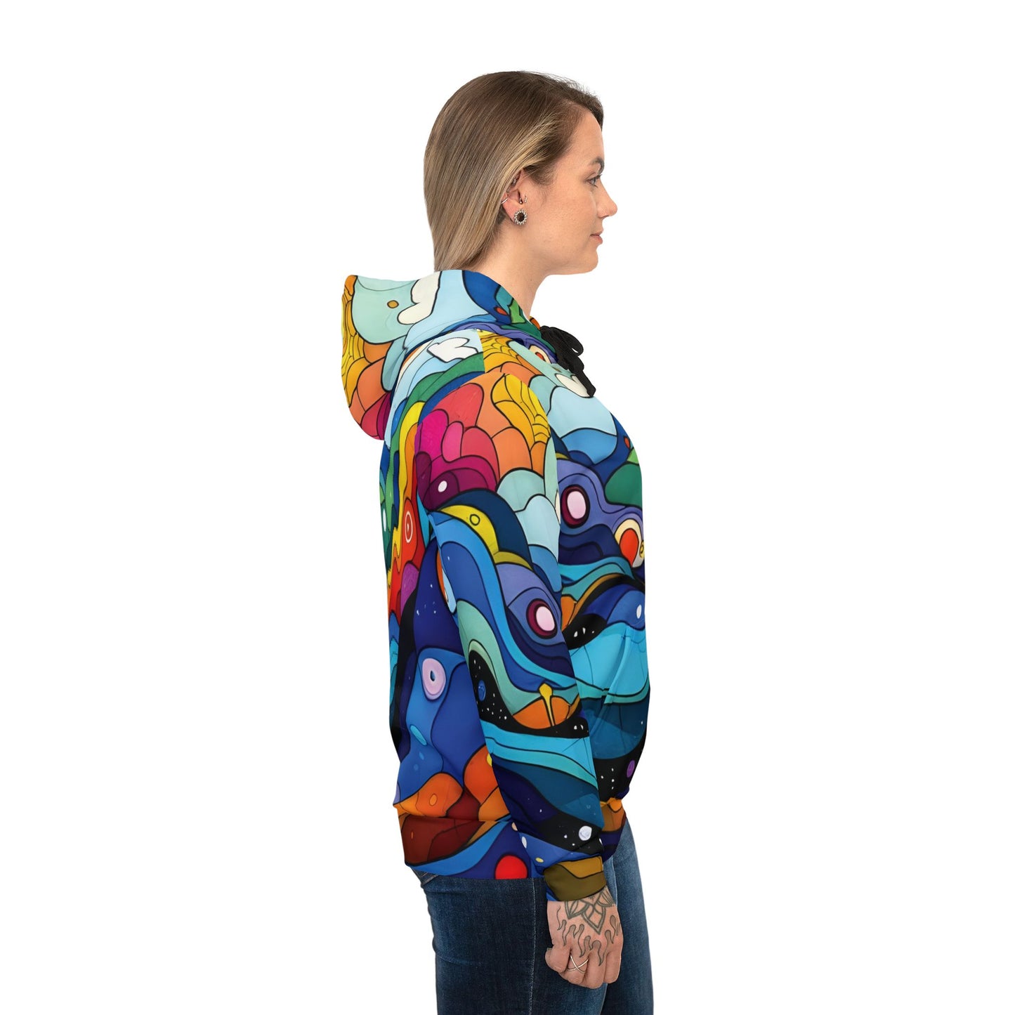 Colorful patterned psychedelic athletic hoodie from PixiOnyx Colorwave Festival collection
